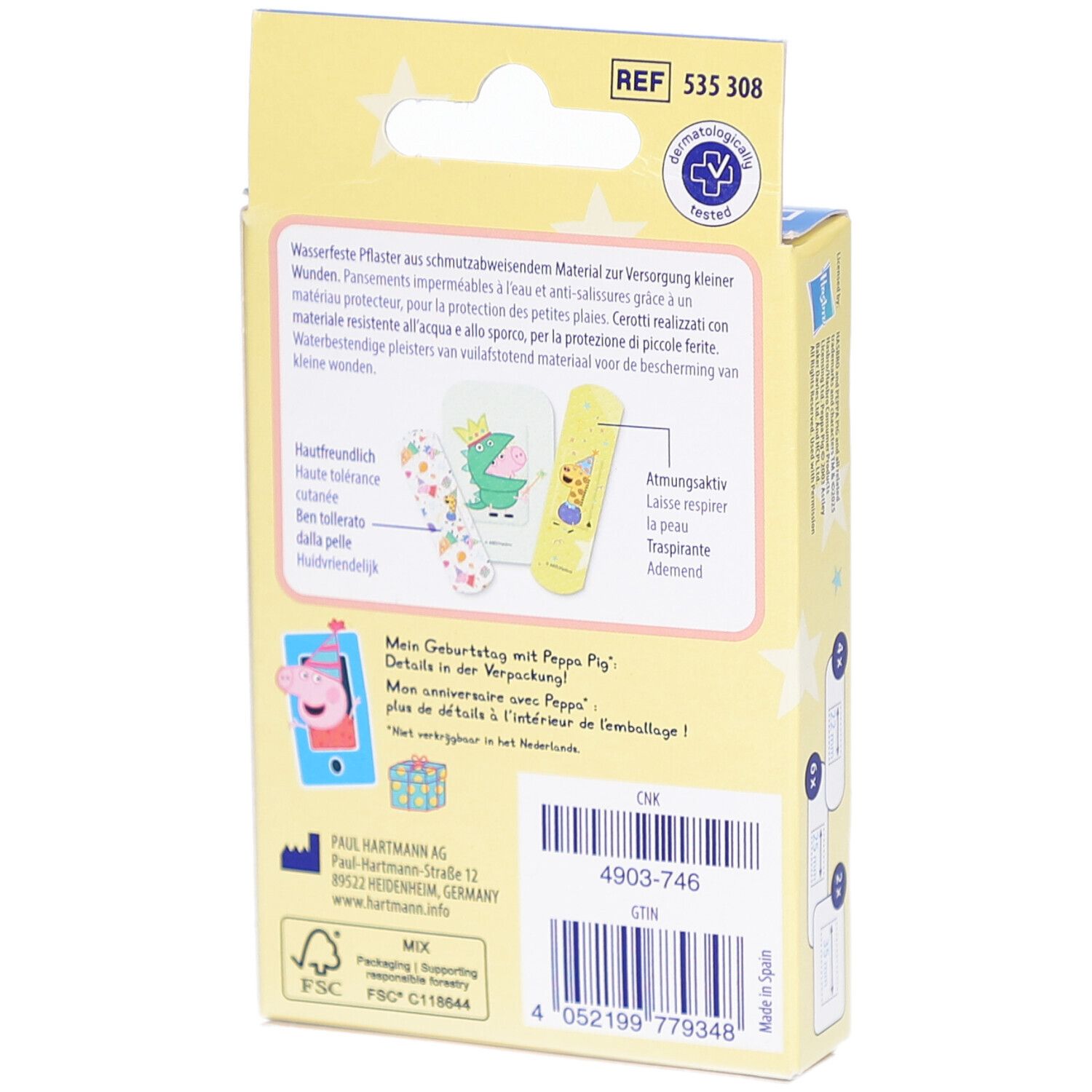 Rückseite der DermaPlast Peppa Pig Pflasterverpackung. Text in mehreren Sprachen, Illustrationen.