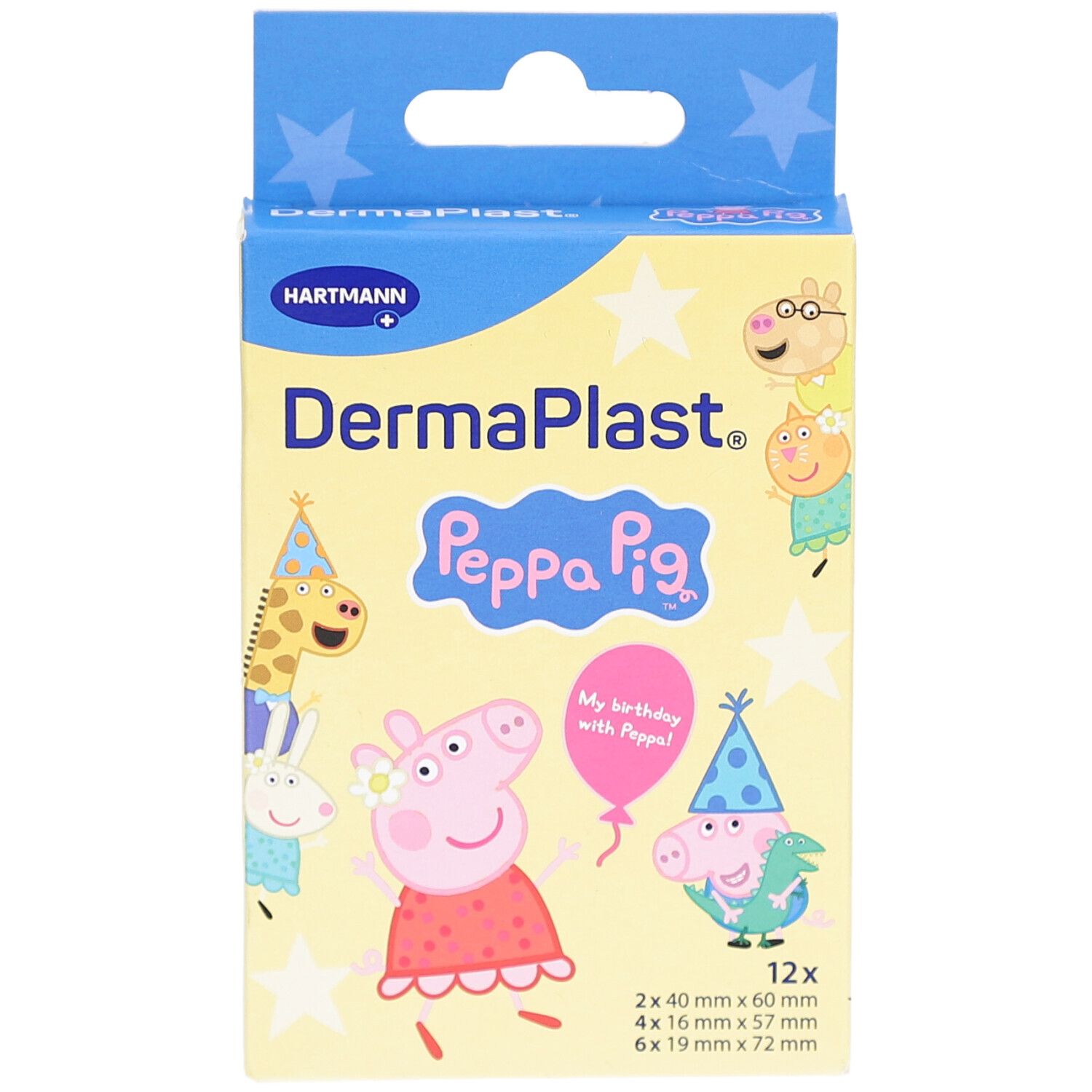 Vorderansicht der DermaPlast Peppa Pig Pflasterverpackung. Enthält 12 Pflaster. Peppa Pig-Motive.