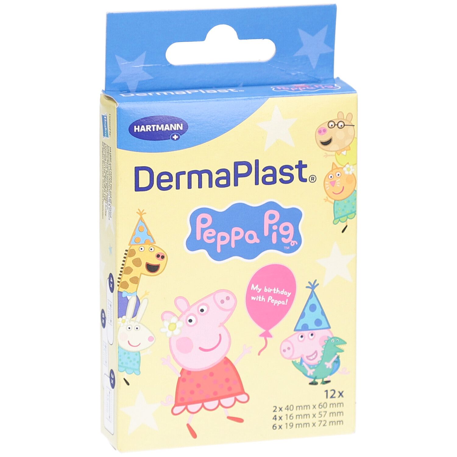 Vorderansicht der DermaPlast Peppa Pig Pflasterverpackung. Enthält 12 Pflaster. Peppa Pig-Motive.