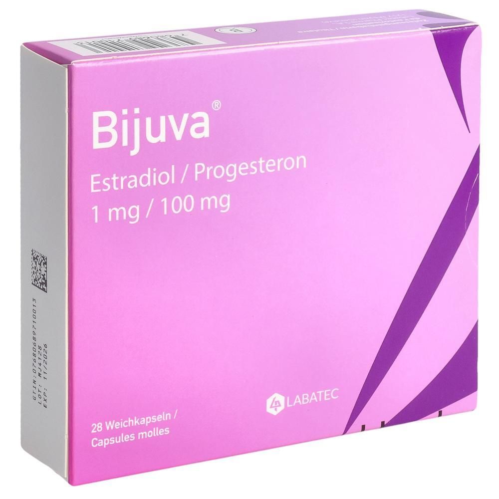 Rosa Schachtel mit "Bijuva"-Schriftzug. Enthält Estradiol/Progesteron, 1 mg/100 mg. 28 Weichkapseln. Marke LABATEC.