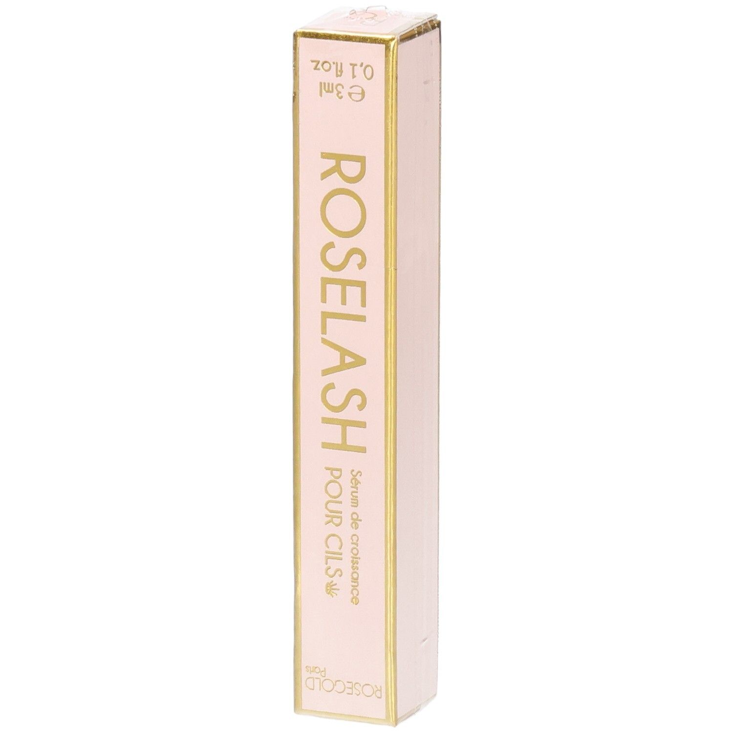 Roségold Paris Roselash Sérum Cils. Rosa Verpackung mit goldener Schrift. Aufschrift: ROSE LASH POUR CILS.