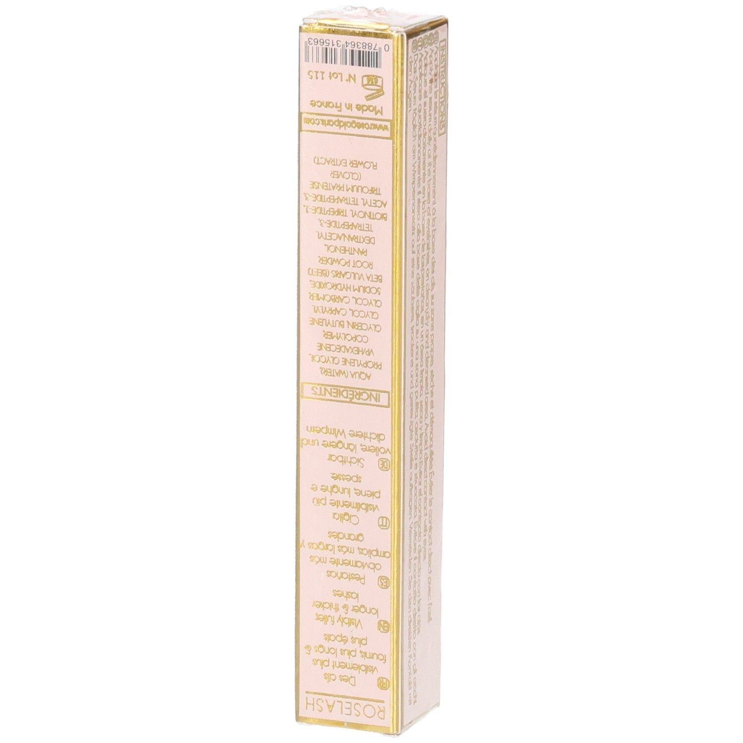 Rückseite der Roségold Paris Roselash Sérum Cils Verpackung. Text in mehreren Sprachen. Inhaltsstoffe und Informationen.