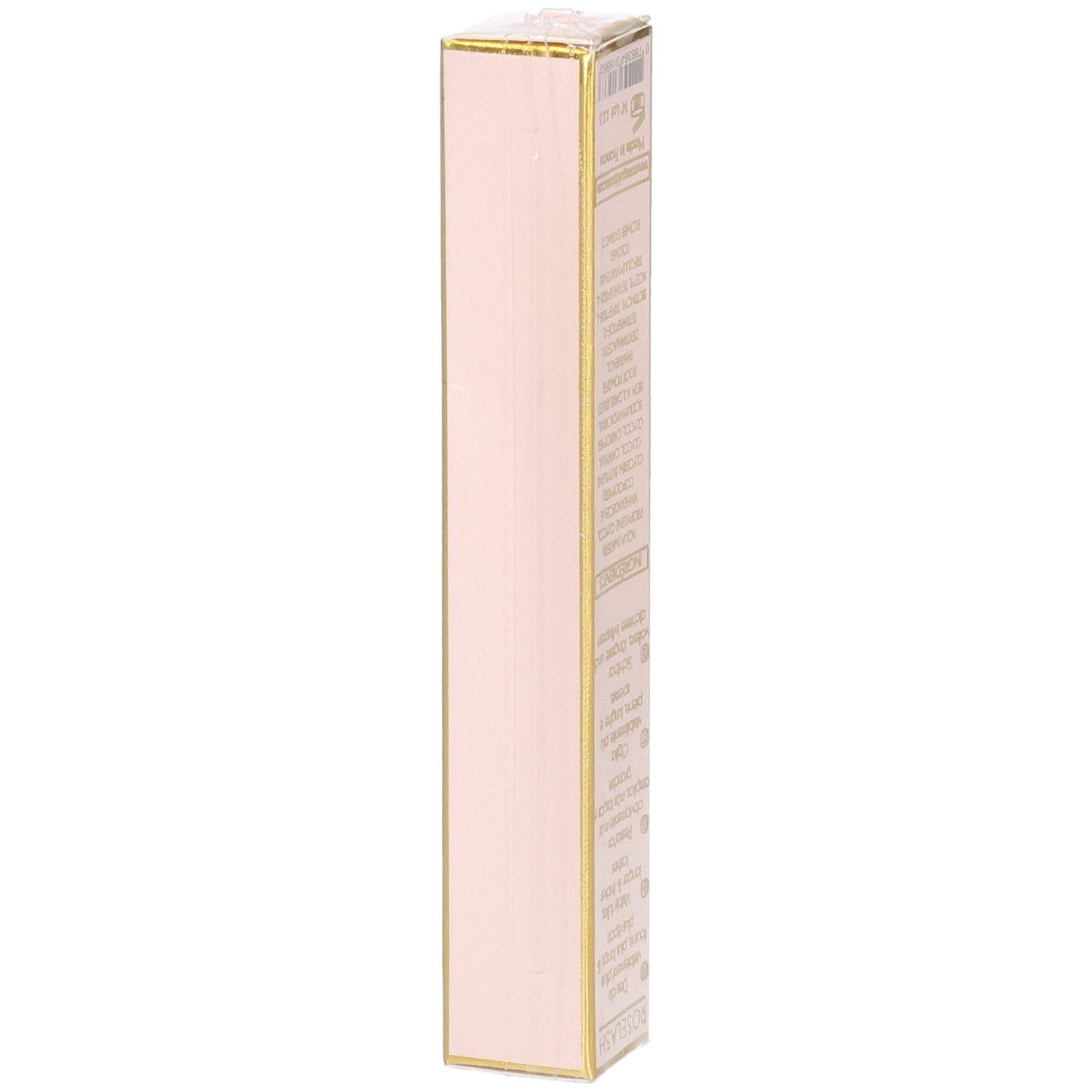 Seitenansicht der Roségold Paris Roselash Sérum Cils Verpackung. Rosa und goldfarben. Text nicht lesbar.