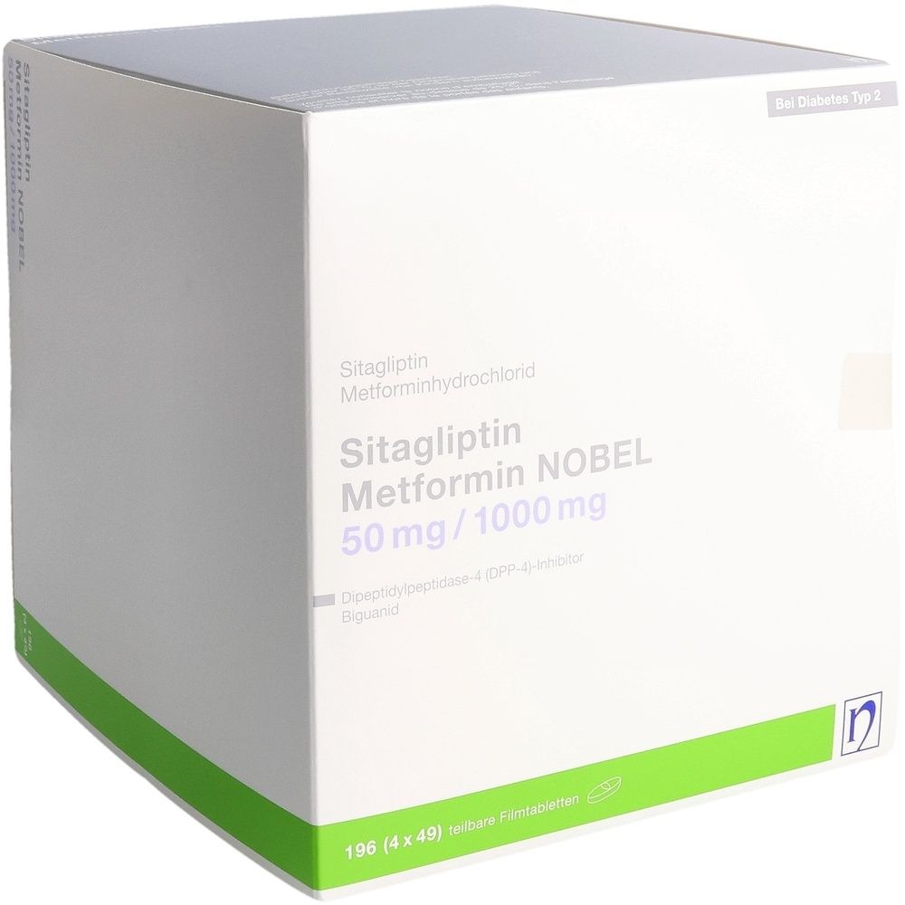Weiße Arzneimittelverpackung mit grünen Akzenten. Beschriftung: Sitagliptin Metformin NOBEL 50 mg/1000 mg. Packung mit 196 Tabletten.
