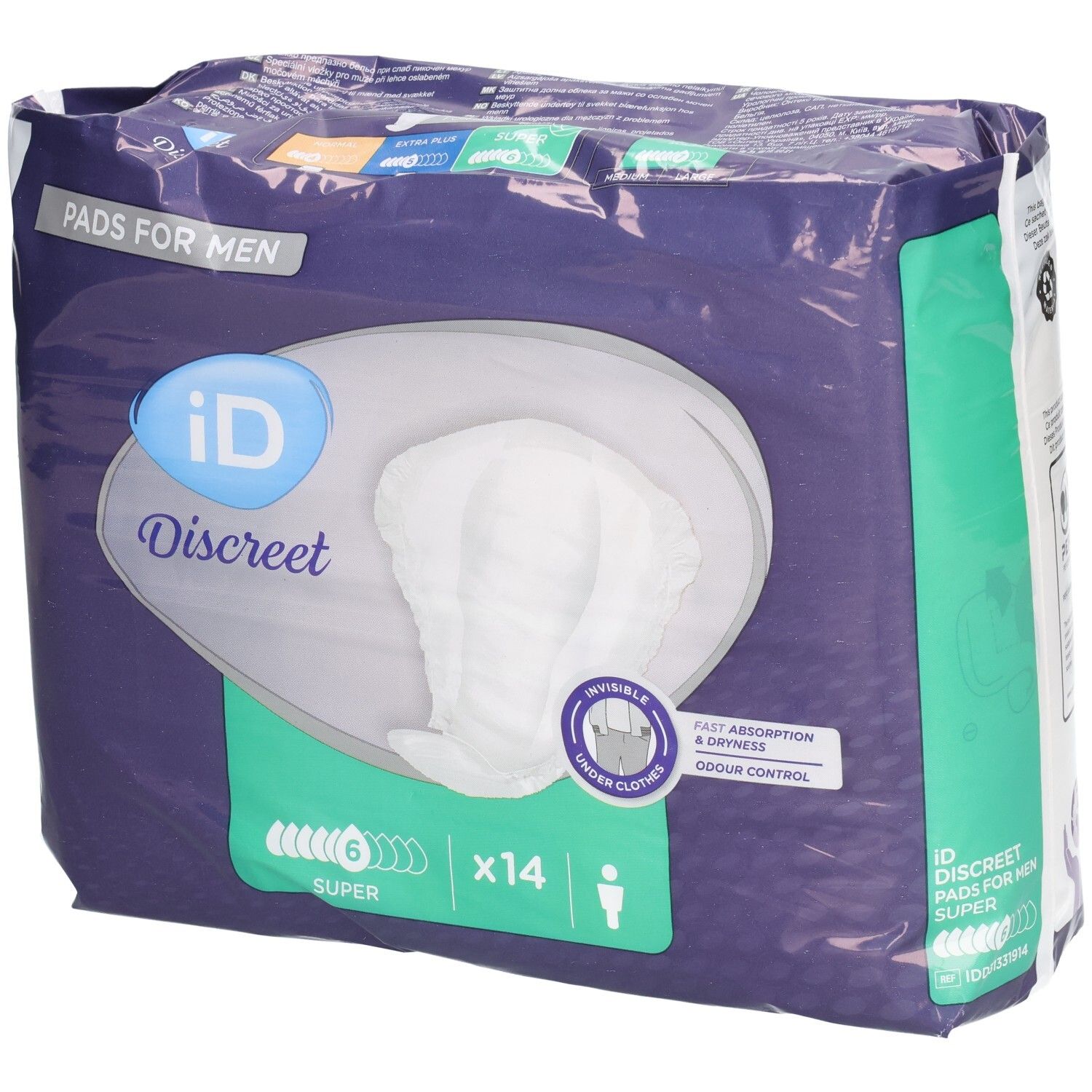 Verpackung iD Discreet For Men Super. Blaue Folie mit Produktabbildung. 14 Stück. Pads für Männer.