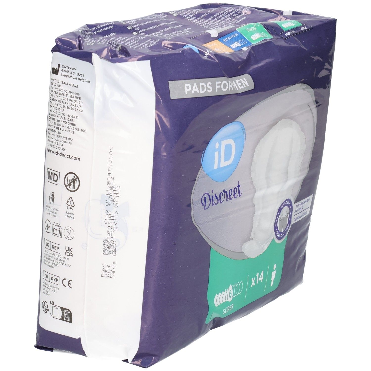 Verpackung iD Discreet For Men Super. Blaue Folie mit Produktabbildung. Seitliche Ansicht mit Text.