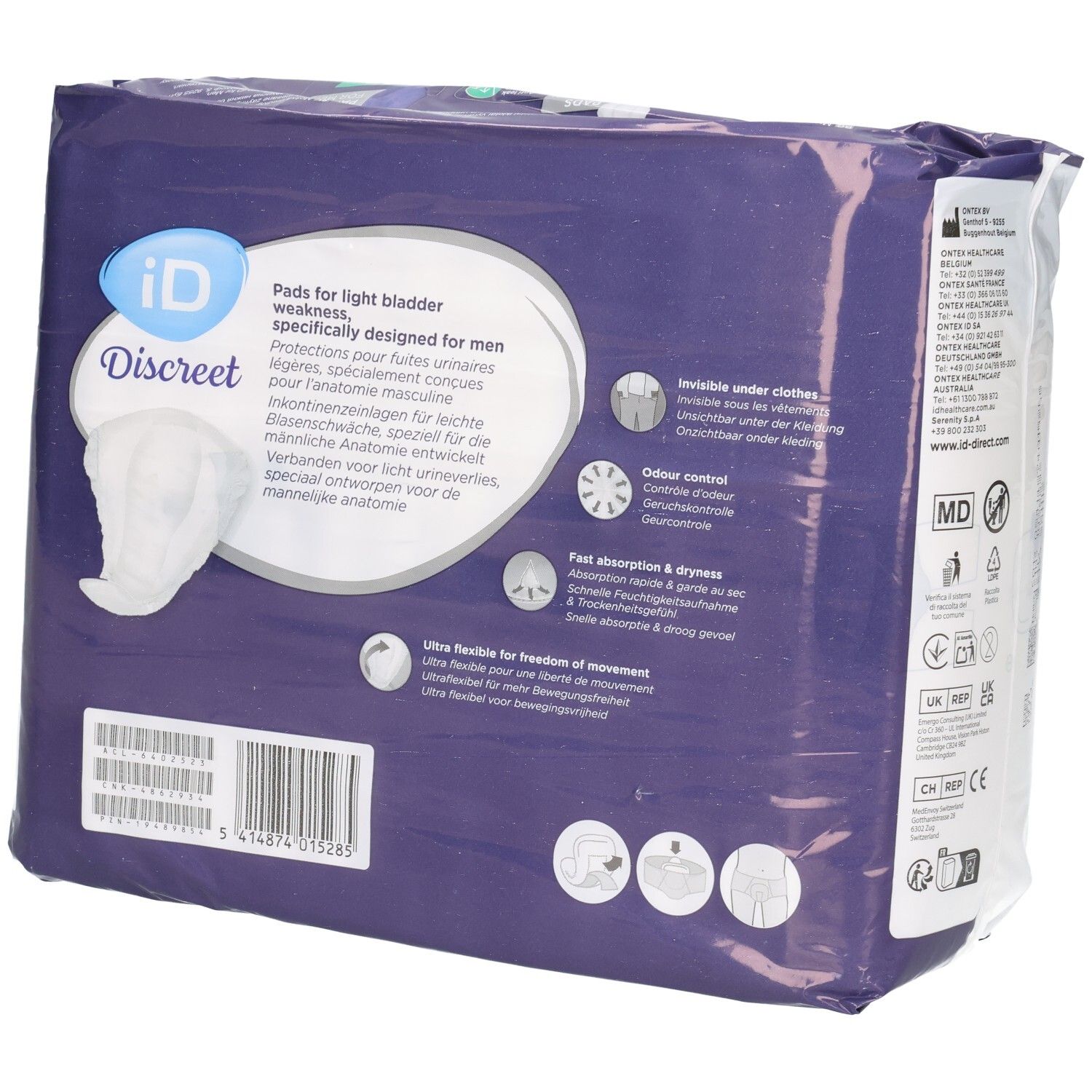 Rückseite der Verpackung iD Discreet For Men Super. Text in mehreren Sprachen. Produktabbildung.