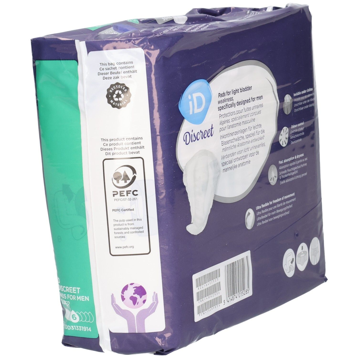 Verpackung iD Discreet For Men Super. Rückseite mit Text und Logos. PEFC-Zertifizierung.