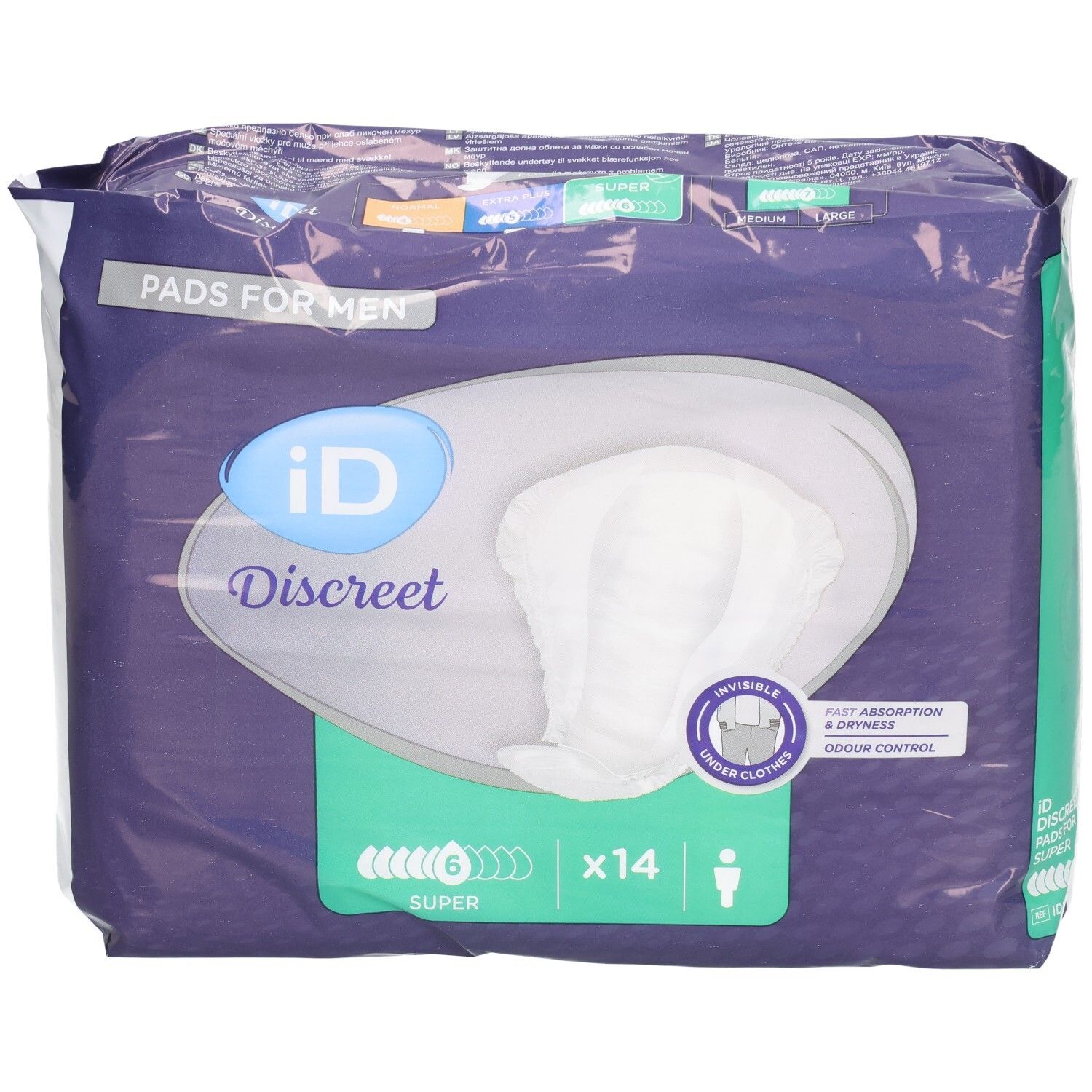Verpackung iD Discreet For Men Super. Blaue Folie mit Produktabbildung. 14 Stück. Pads für Männer.