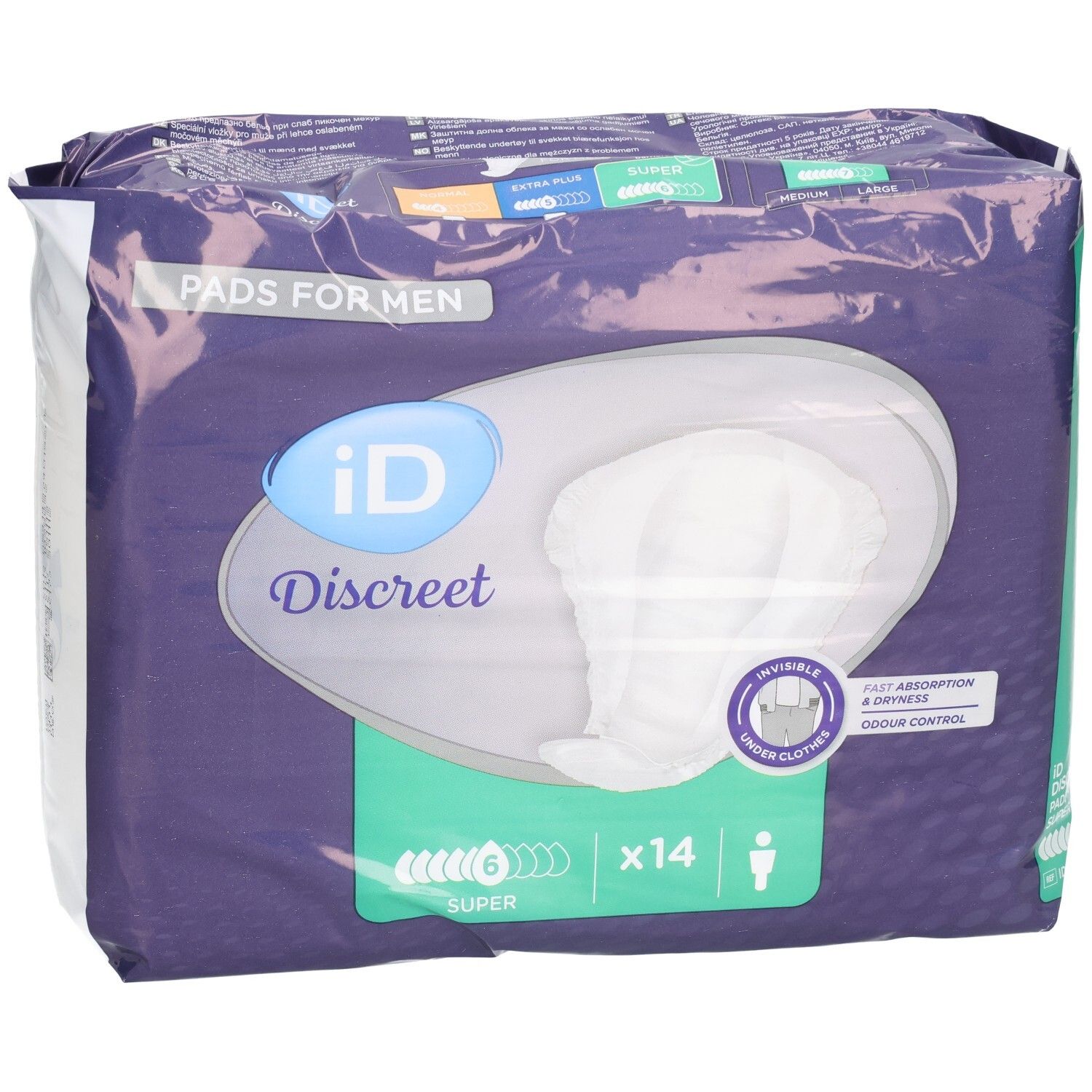 Verpackung iD Discreet For Men Super. Blaue Folie mit Produktabbildung. 14 Stück. Pads für Männer.