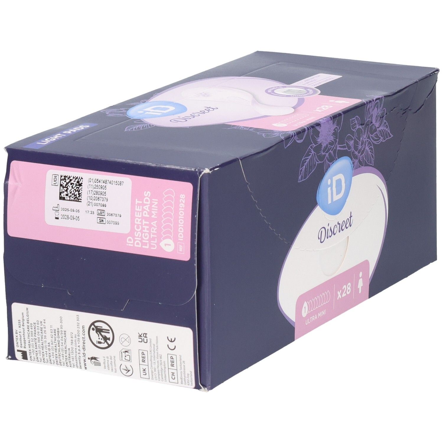 Verpackung iD Discreet Ultra Mini Binden, 28 Stück. Enthält Produktinformationen und Barcode.