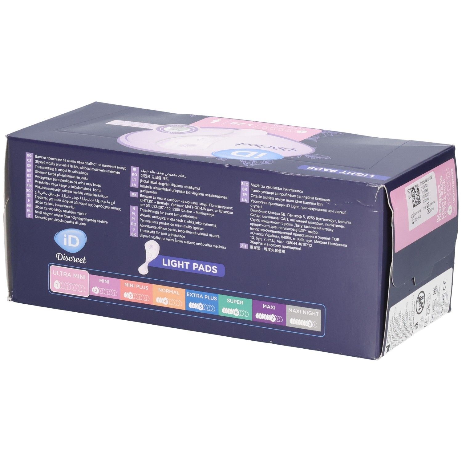 Rückseite der Verpackung iD Discreet Light Pads, mit Produktübersicht und Anleitungen.