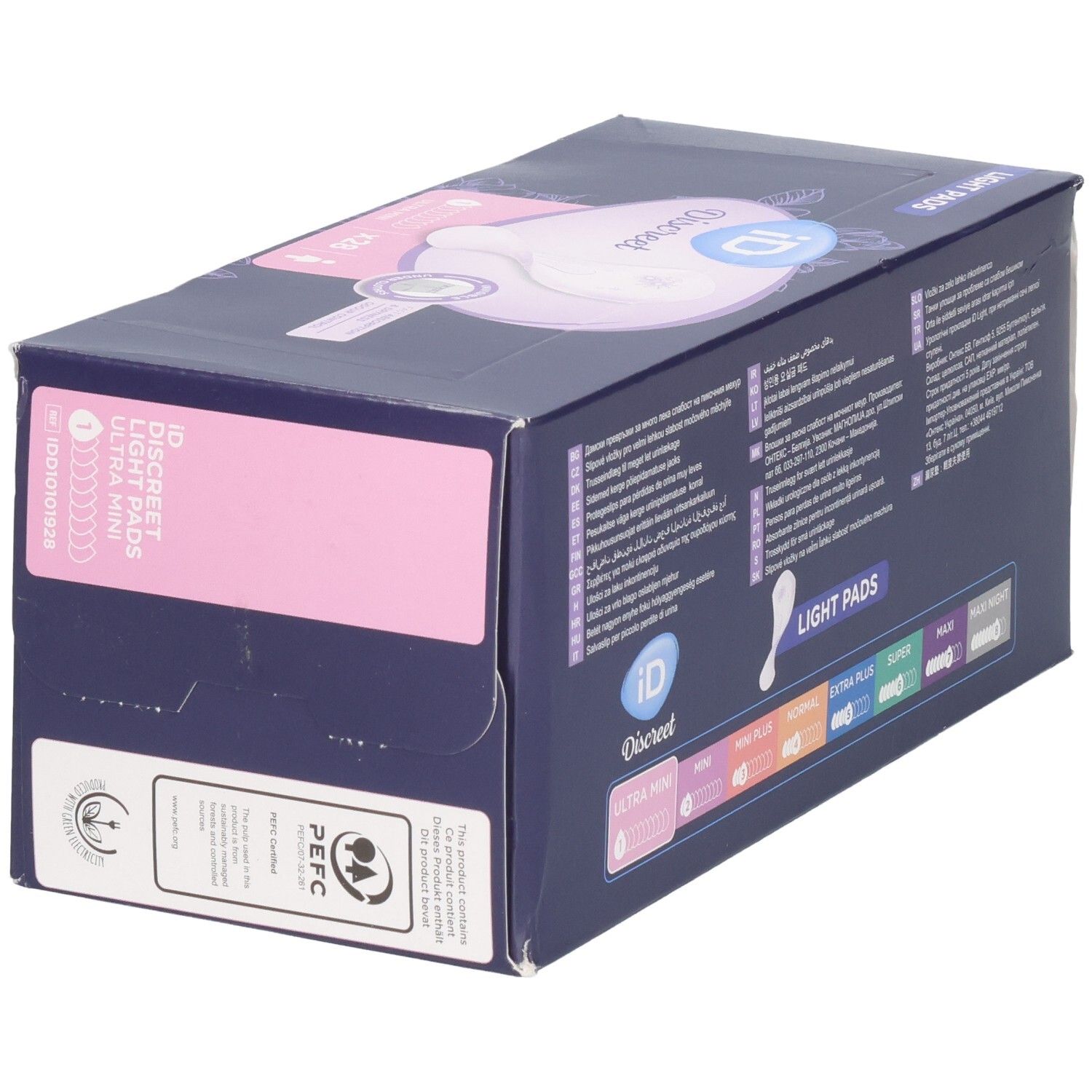 Seite der Verpackung iD Discreet Ultra Mini Binden, mit Produktinformationen und Zertifizierungen.