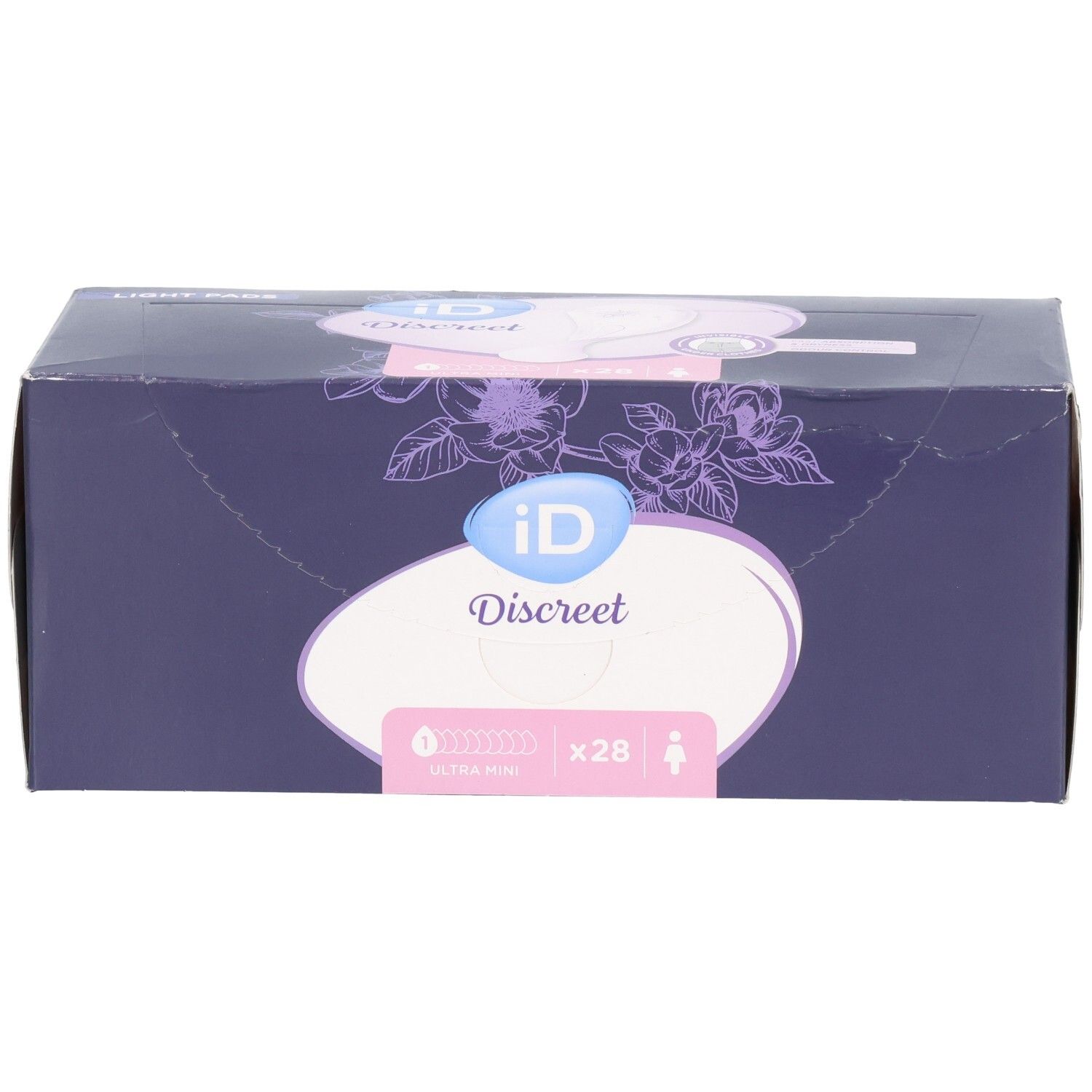 Vorderseite der Verpackung iD Discreet Ultra Mini Binden, 28 Stück.