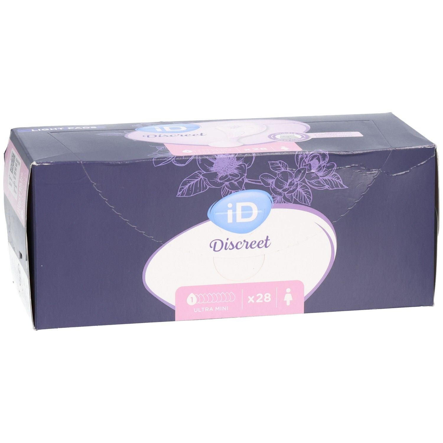 iD Discreet Ultra Mini Binden, 28 Stück. Verpackung mit floralem Design.