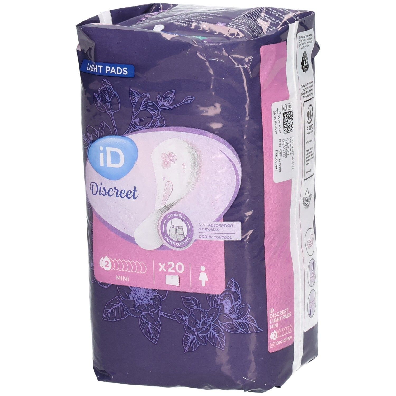 Verpackung mit ID Discreet Light Pads. Lila Verpackung mit Produktabbildung und Text. Enthält 20 Stück.