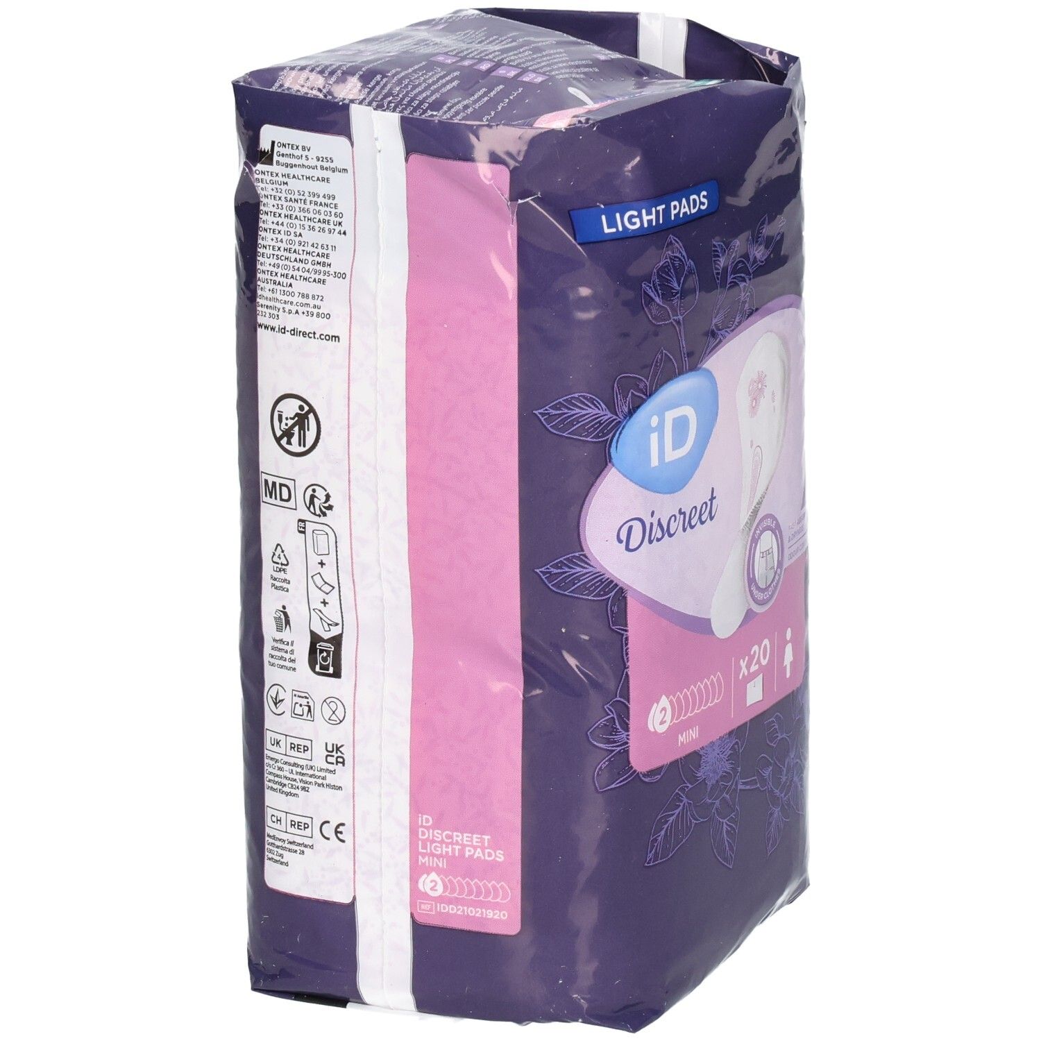 Rückansicht der Verpackung von ID Discreet Light Pads. Lila Verpackung mit Produktinformationen und Text.