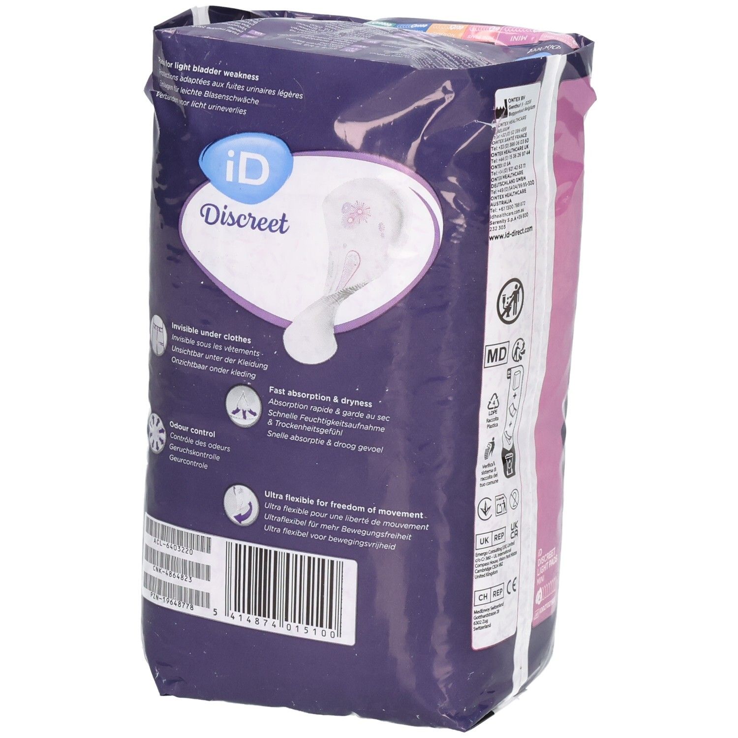 Verpackung von ID Discreet Light Pads. Lila Verpackung mit Produktinformationen und Text. Enthält 20 Stück.
