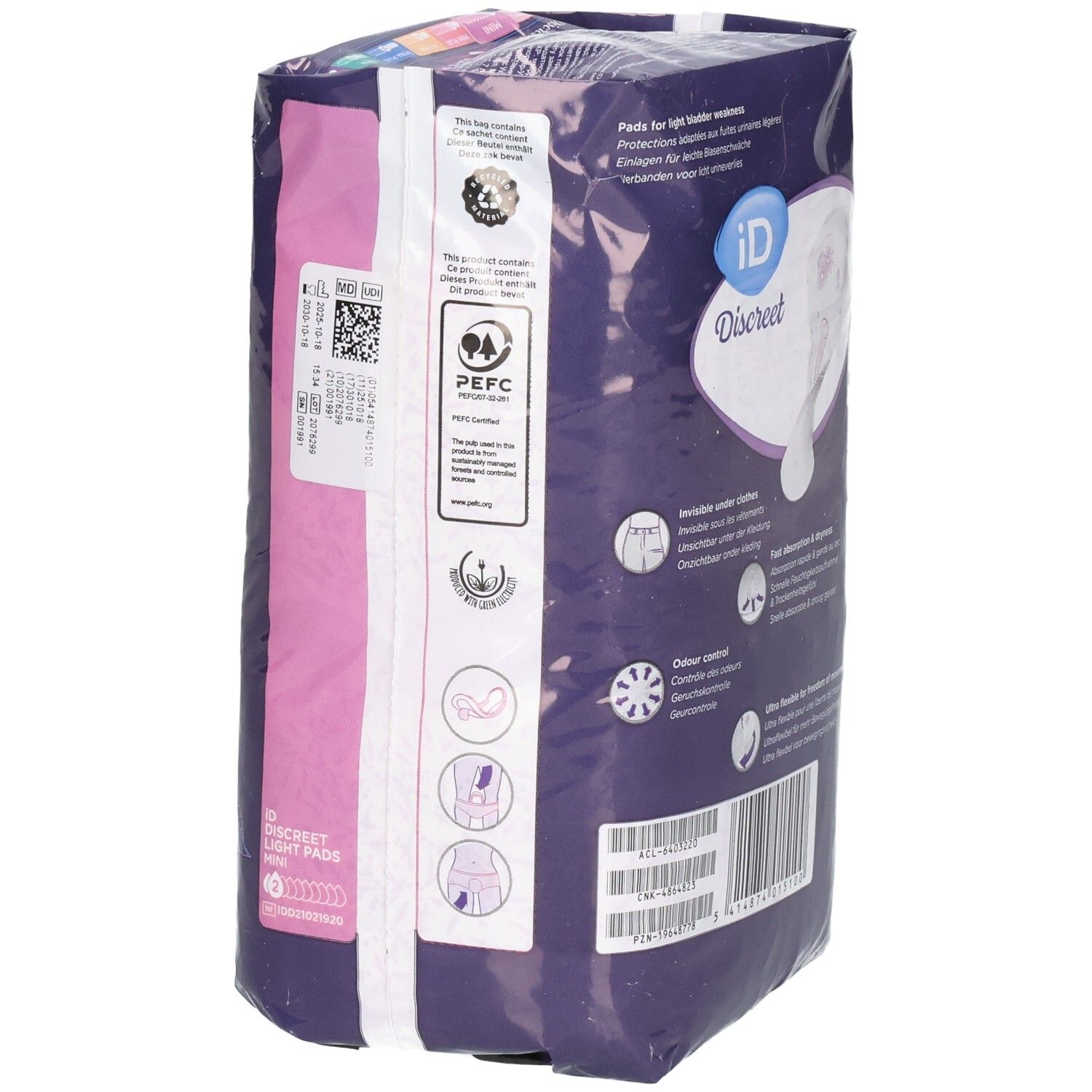 Rückansicht der Verpackung von ID Discreet Light Pads. Lila Verpackung mit Produktinformationen und Text.