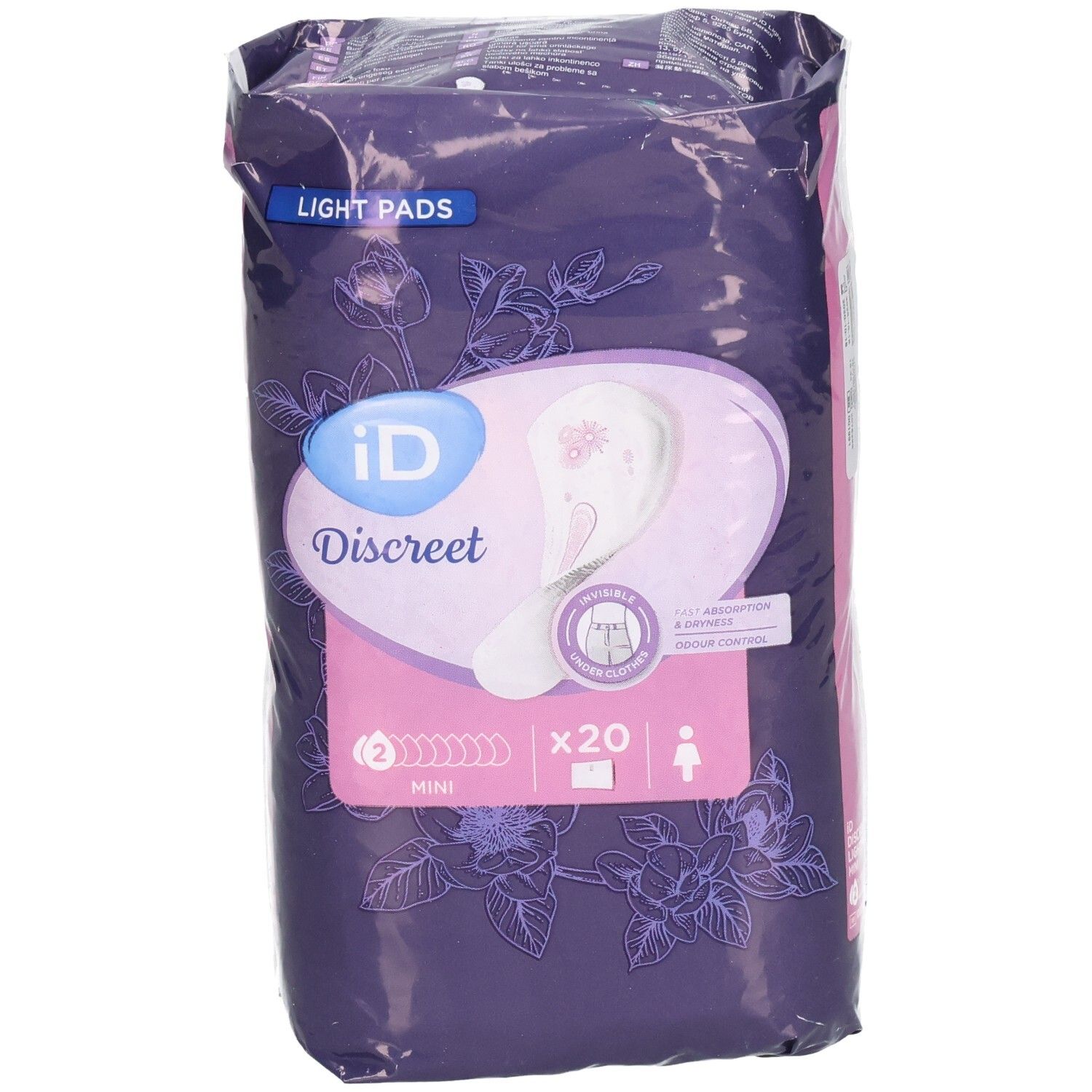 Verpackung mit ID Discreet Light Pads. Lila Verpackung mit Produktabbildung und Text. Enthält 20 Stück.