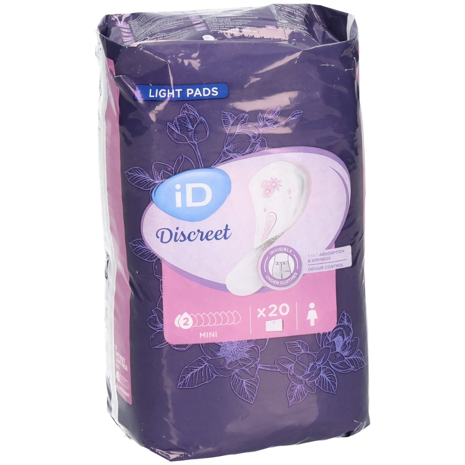 Verpackung mit ID Discreet Light Pads. Lila Verpackung mit Produktabbildung und Text. Enthält 20 Stück.