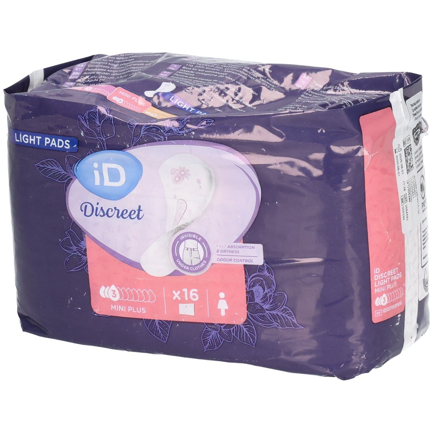Verpackung von ID Discreet Light Pads. Enthält 16 Stück. Lila Verpackung mit Produktabbildung und Logo.