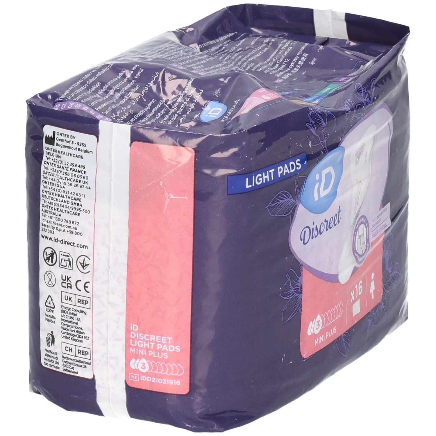 Verpackung von ID Discreet Light Pads. Seitenansicht. Lila Verpackung mit Produktnamen und Logo.