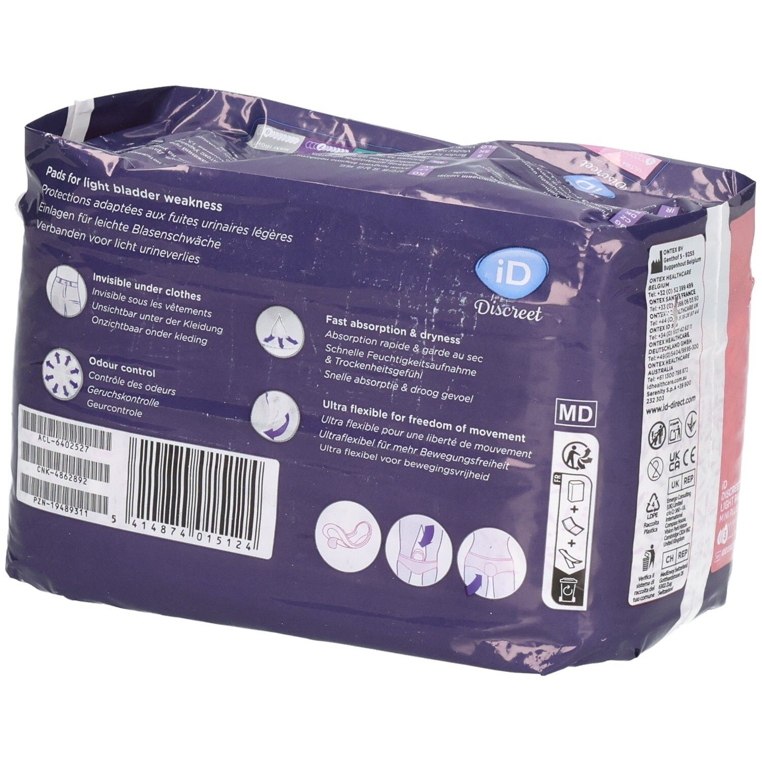Rückseite der Verpackung von ID Discreet Light Pads. Text in mehreren Sprachen. Produktmerkmale und Logos.