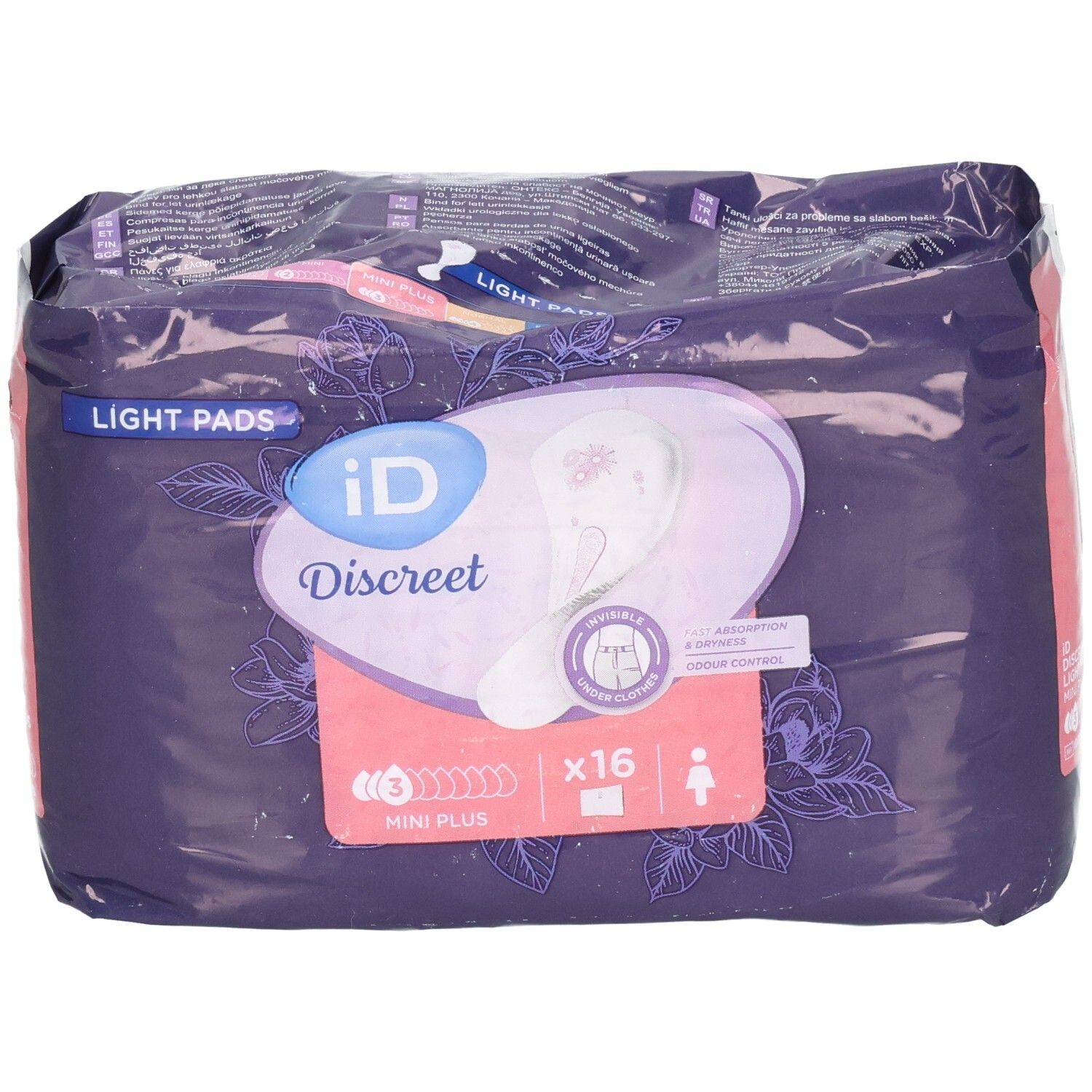 Verpackung von ID Discreet Light Pads. Enthält 16 Stück. Lila Verpackung mit Produktabbildung und Logo.