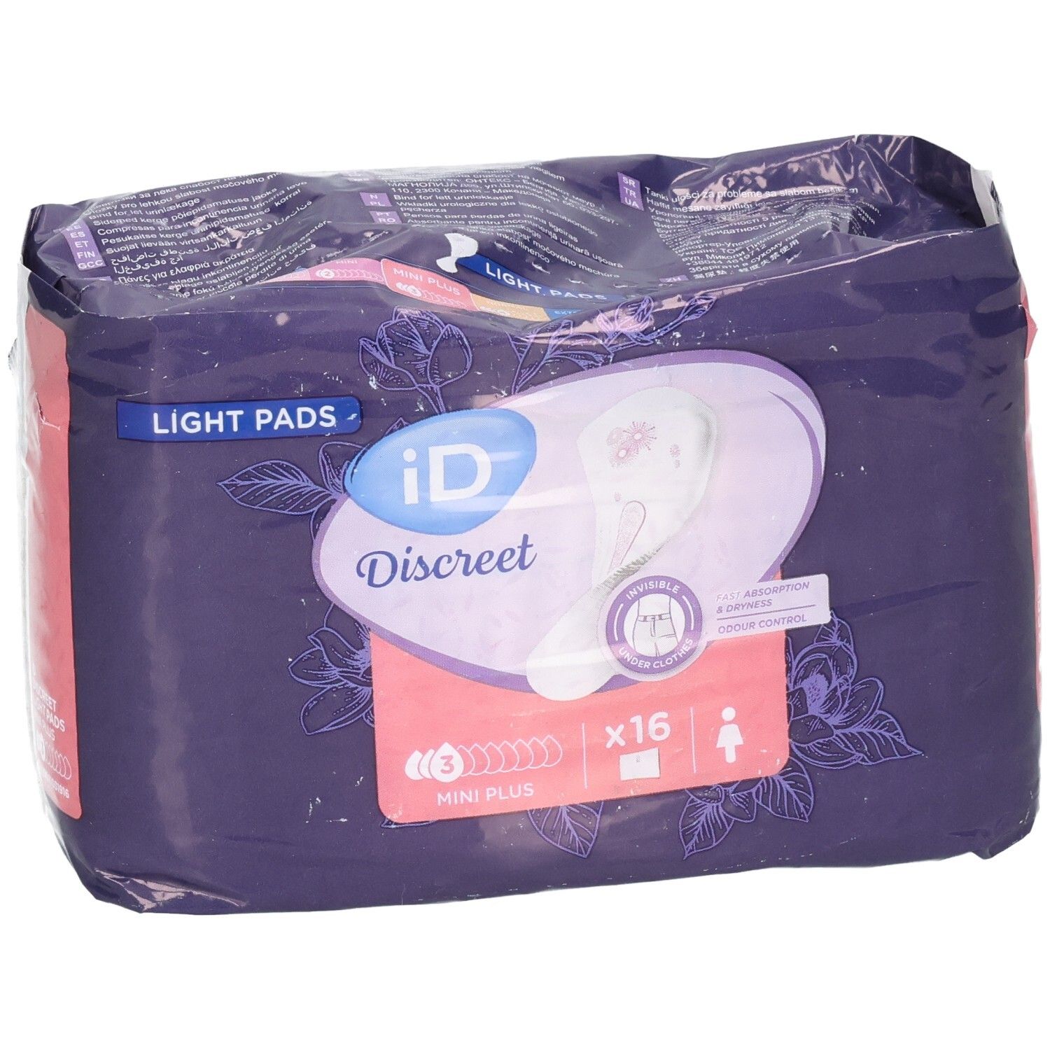 Verpackung von ID Discreet Light Pads. Enthält 16 Stück. Lila Verpackung mit Produktabbildung und Logo.