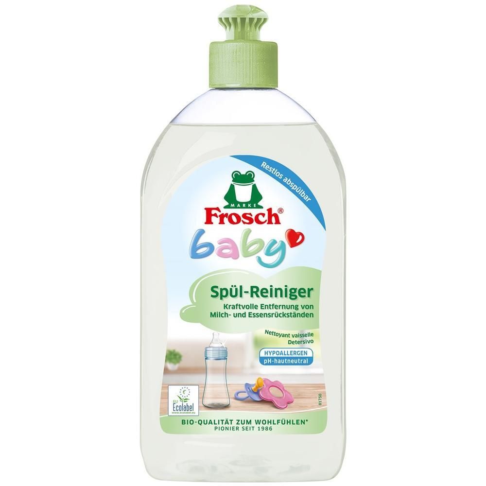 Flasche Spülmittel mit grünem Deckel. Aufdruck "Frosch baby". Etikett mit Babyflasche und Schnuller. Bio-Qualität.