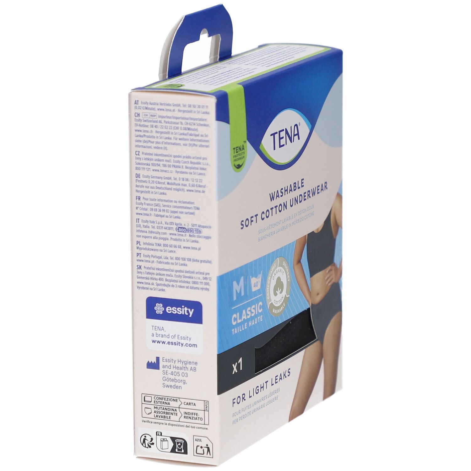 Vue latérale de la boîte de sous-vêtements TENA. M, Classic, taille haute. Culotte noire. Pour fuites urinaires légères.