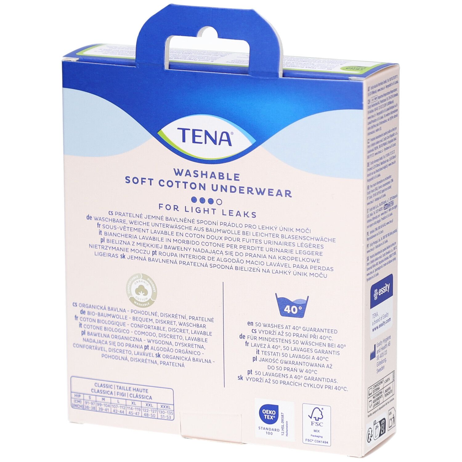 Dos de la boîte de sous-vêtements TENA. Lavable, coton, pour fuites urinaires légères. Symboles de lavage, certification.