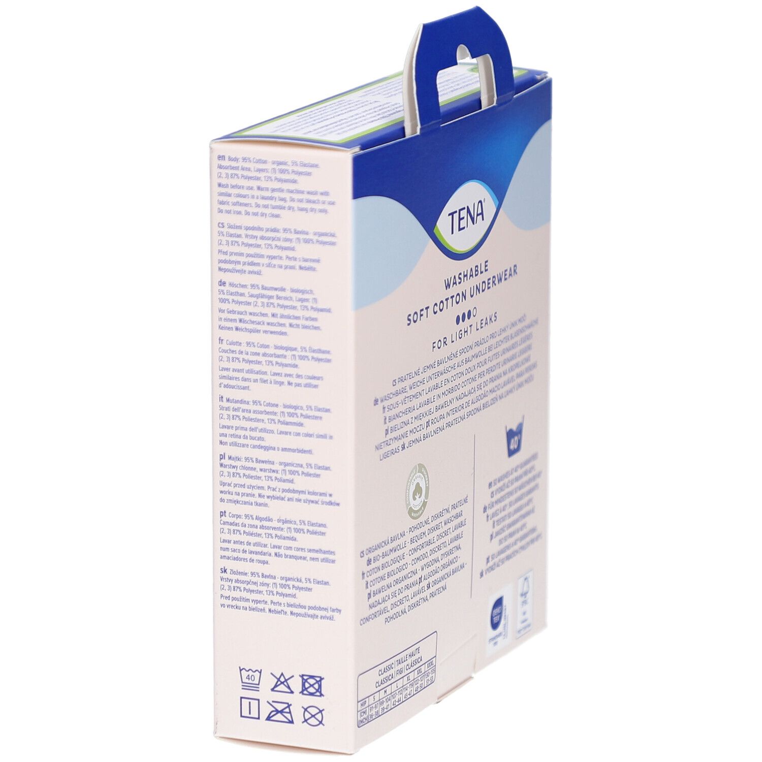 Vue latérale de la boîte de sous-vêtements TENA. Lavable, coton. Symboles de lavage. Texte multilingue.