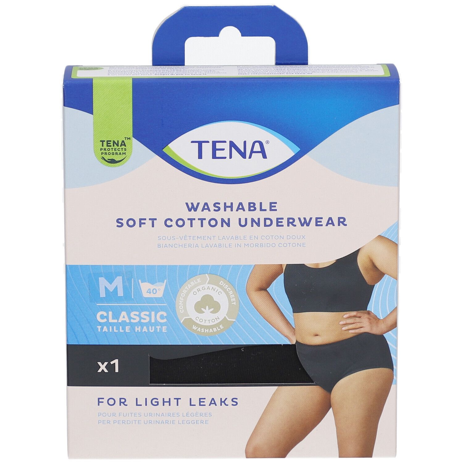 Boîte de sous-vêtements TENA. M, Classic, taille haute. Culotte noire illustrée. Coton, pour fuites urinaires légères.