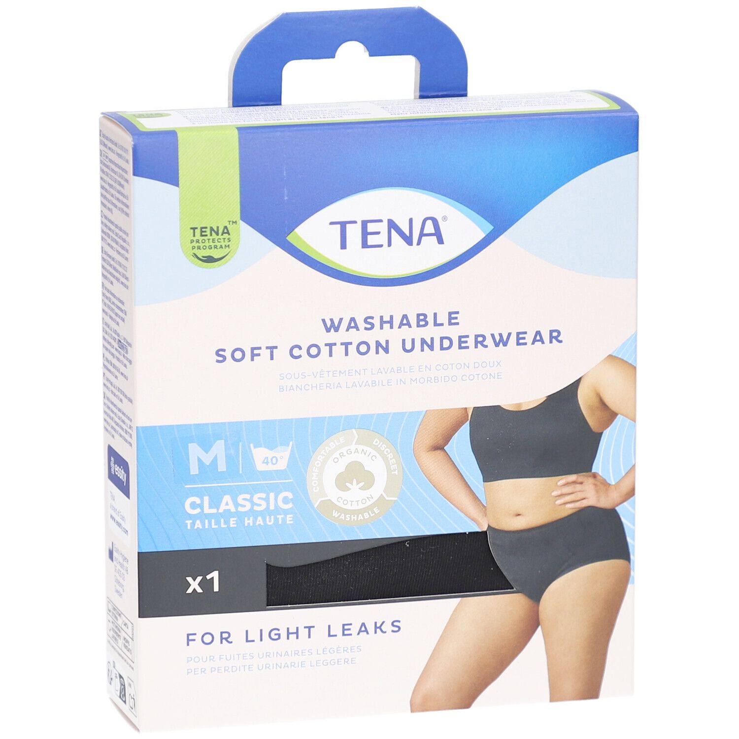 Boîte de sous-vêtements TENA. M, Classic, taille haute. Culotte noire illustrée. Coton, pour fuites urinaires légères.