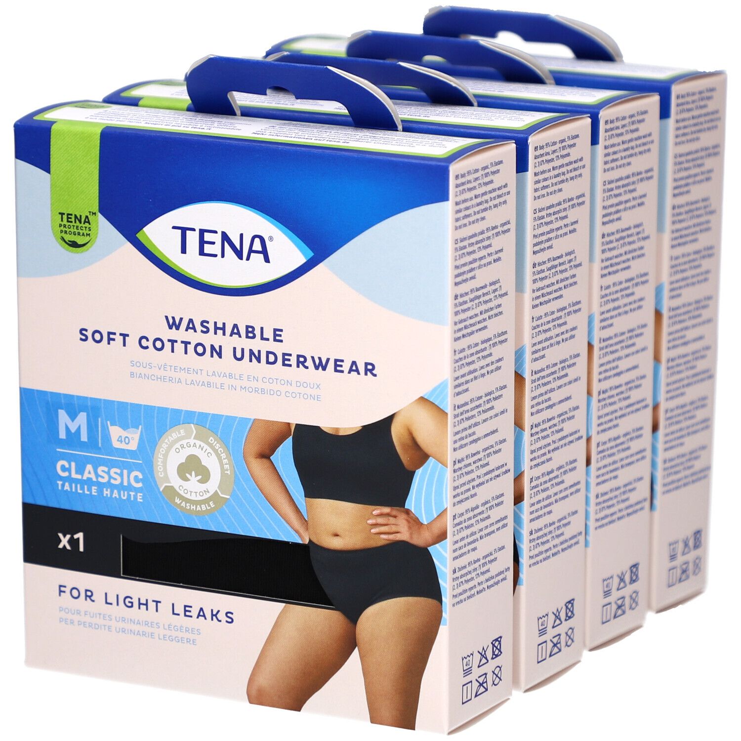 Plusieurs boîtes TENA. Inscription: Culotte absorbante lavable en coton doux, taille M, noire, pour fuites urinaires légères. Coton bio.