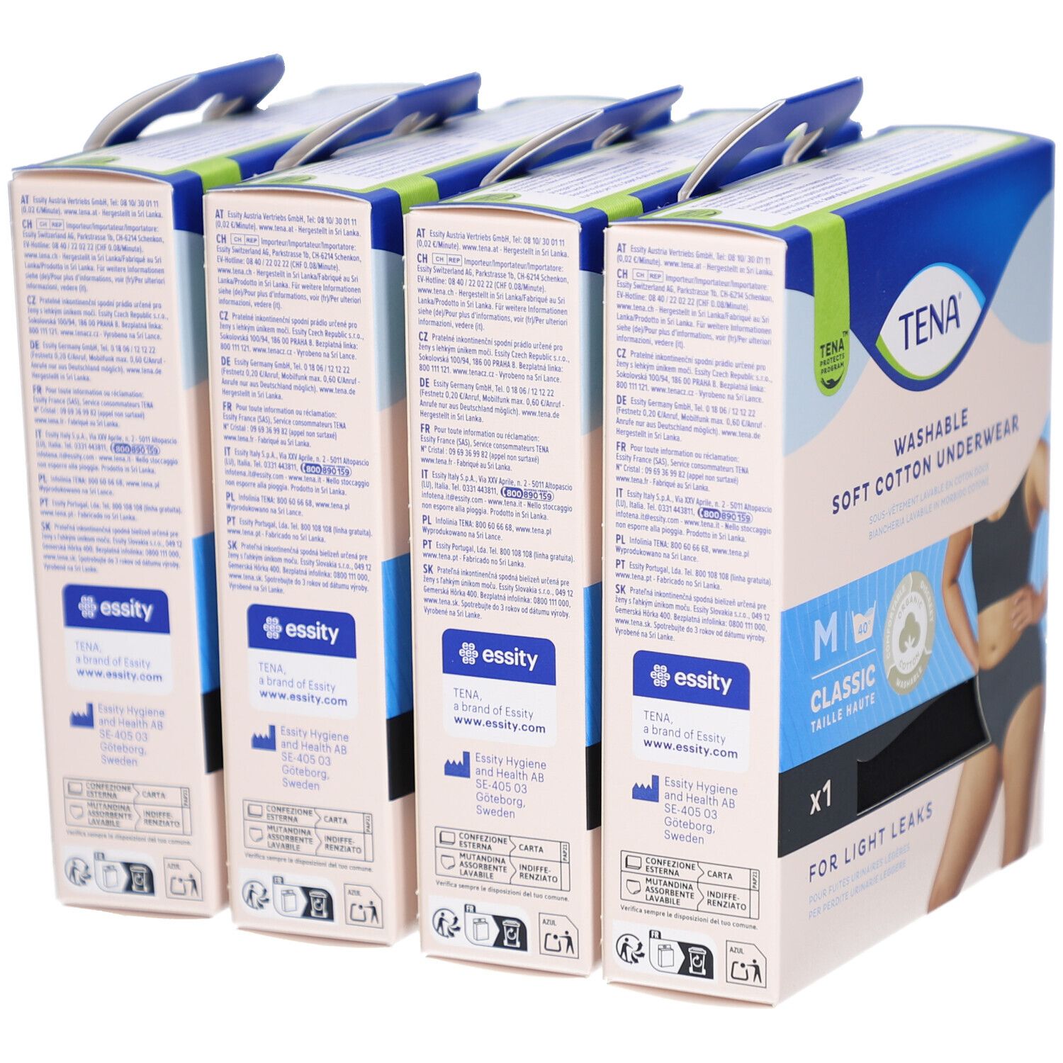 Dos de boîtes TENA. Texte: Culotte absorbante lavable en coton doux, taille M. Informations sur les ingrédients et le lavage.