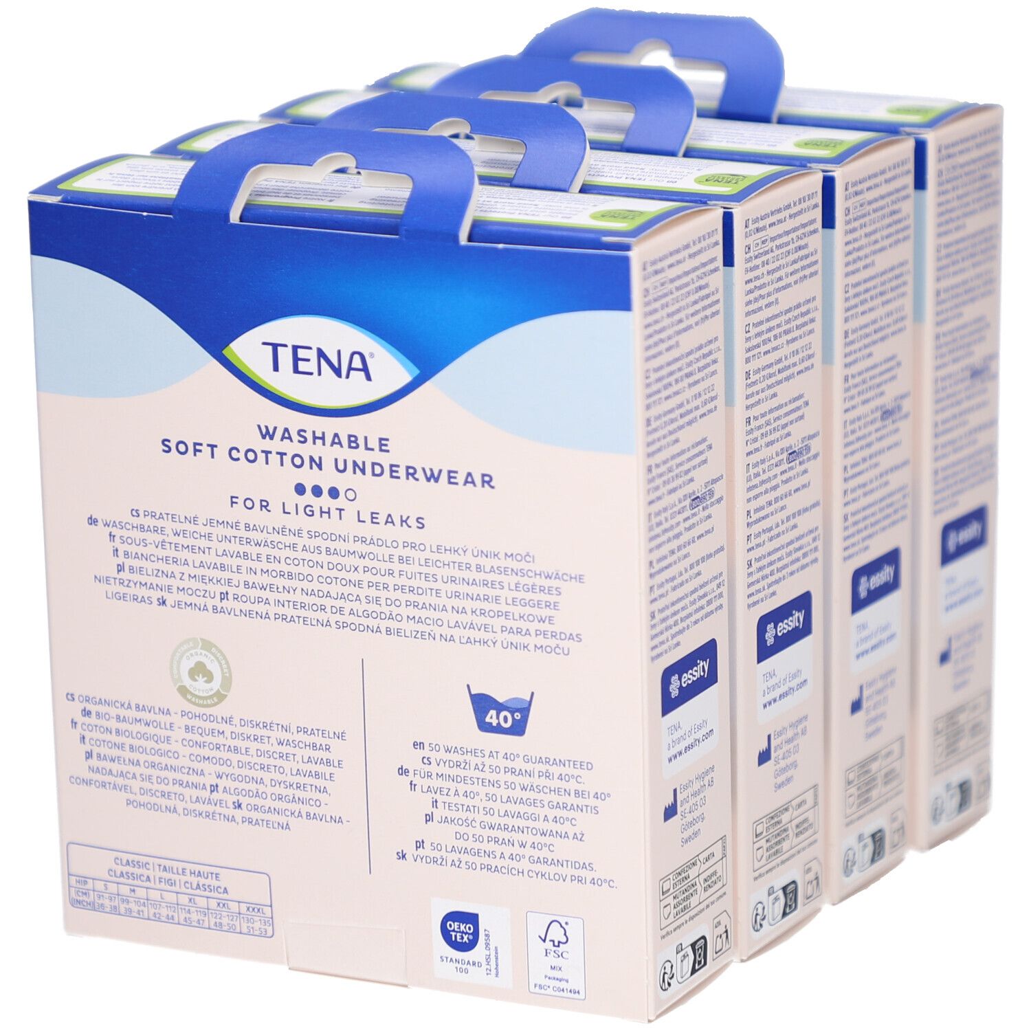 Dos de boîtes TENA. Texte: Culotte absorbante lavable en coton doux, taille M. Symboles de lavage et certification coton bio.