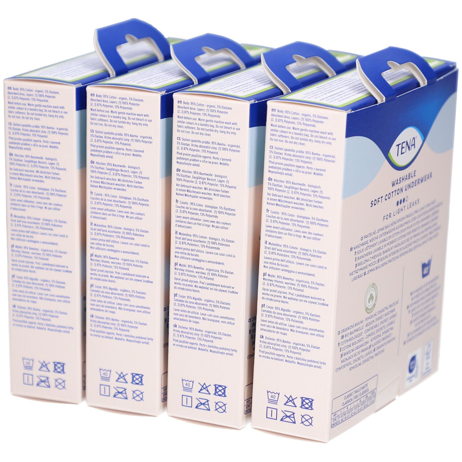 Dos de boîtes TENA. Texte: Culotte absorbante lavable en coton doux, taille M. Composition, symboles de lavage, certifications.