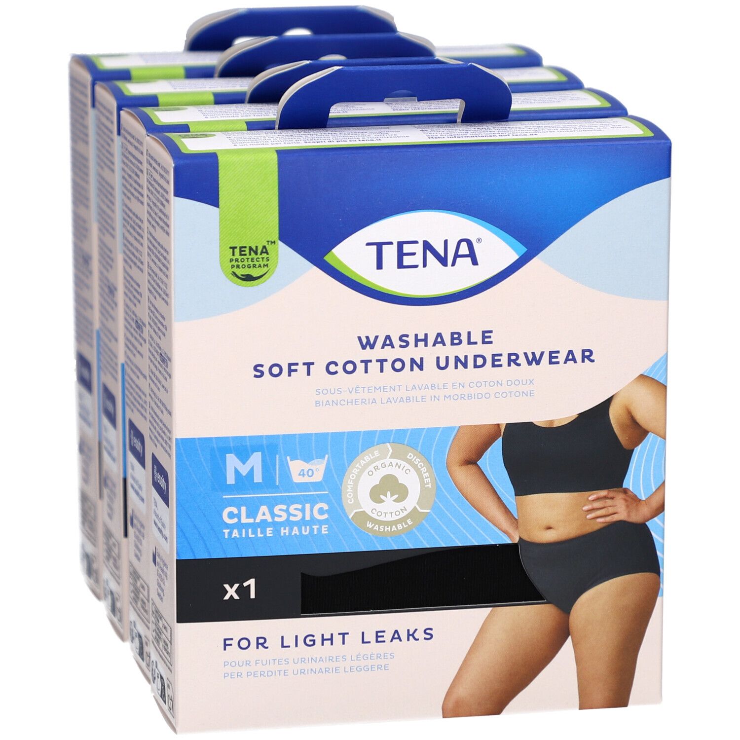 Plusieurs boîtes TENA. Inscription: Culotte absorbante lavable en coton doux, taille M, noire, pour fuites urinaires légères. Coton bio.