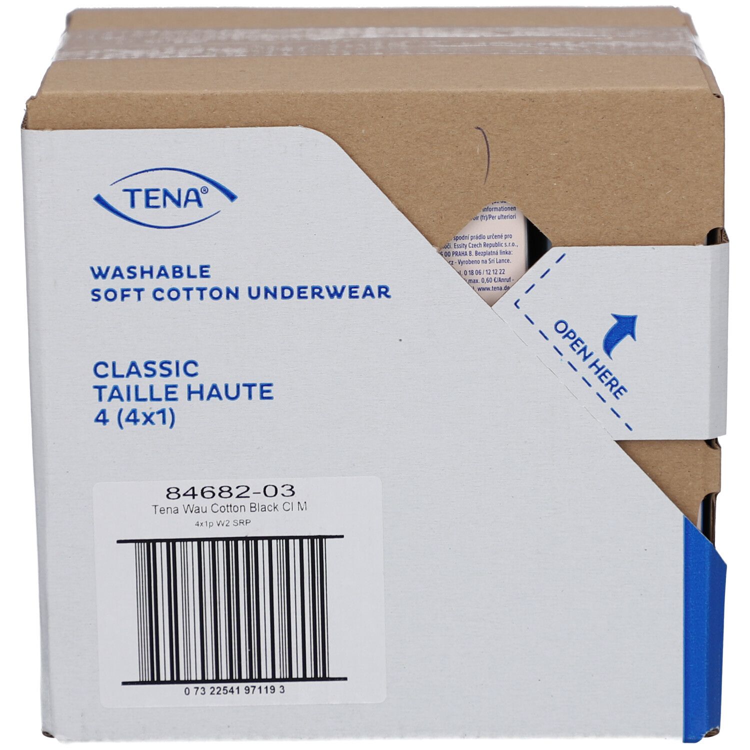Boîte TENA. Inscription: Culotte absorbante lavable en coton doux, taille M, noire. Code produit et code-barres. Indication d'ouverture.