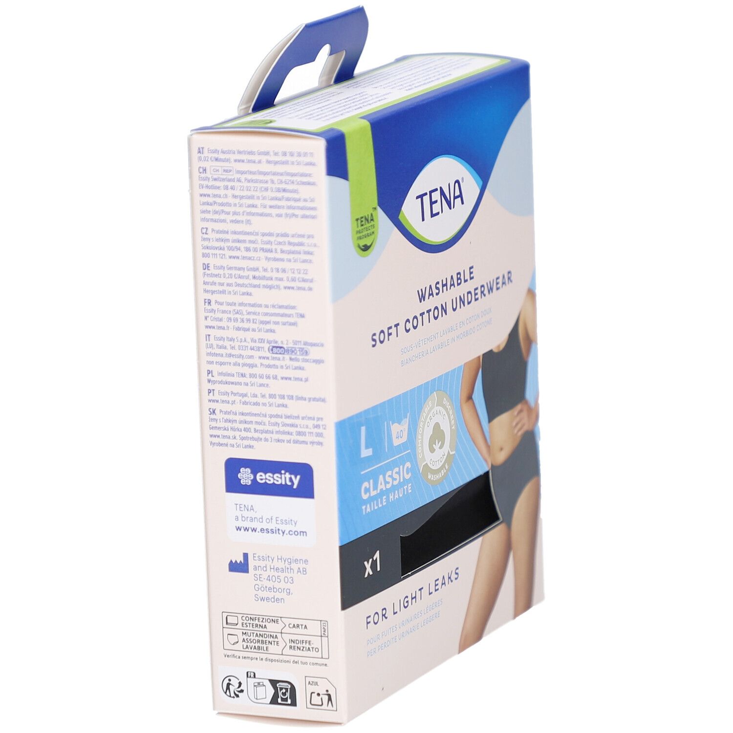 Vue latérale de la boîte de sous-vêtements lavables TENA, taille L. Texte : Pour fuites urinaires légères. Avec poignée.