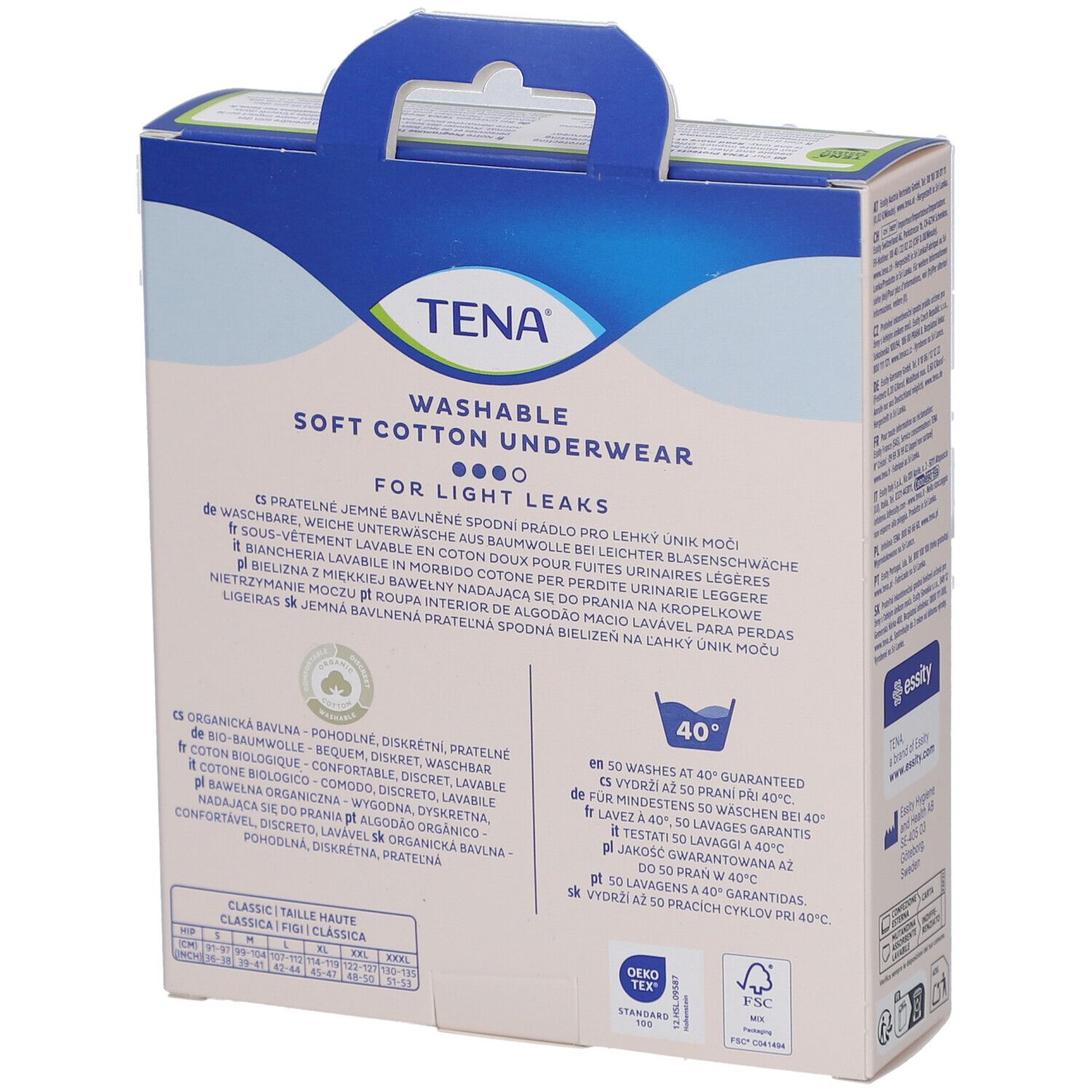 Dos de la boîte de sous-vêtements lavables TENA. Texte : Pour fuites urinaires légères. Instructions de lavage et certifications.