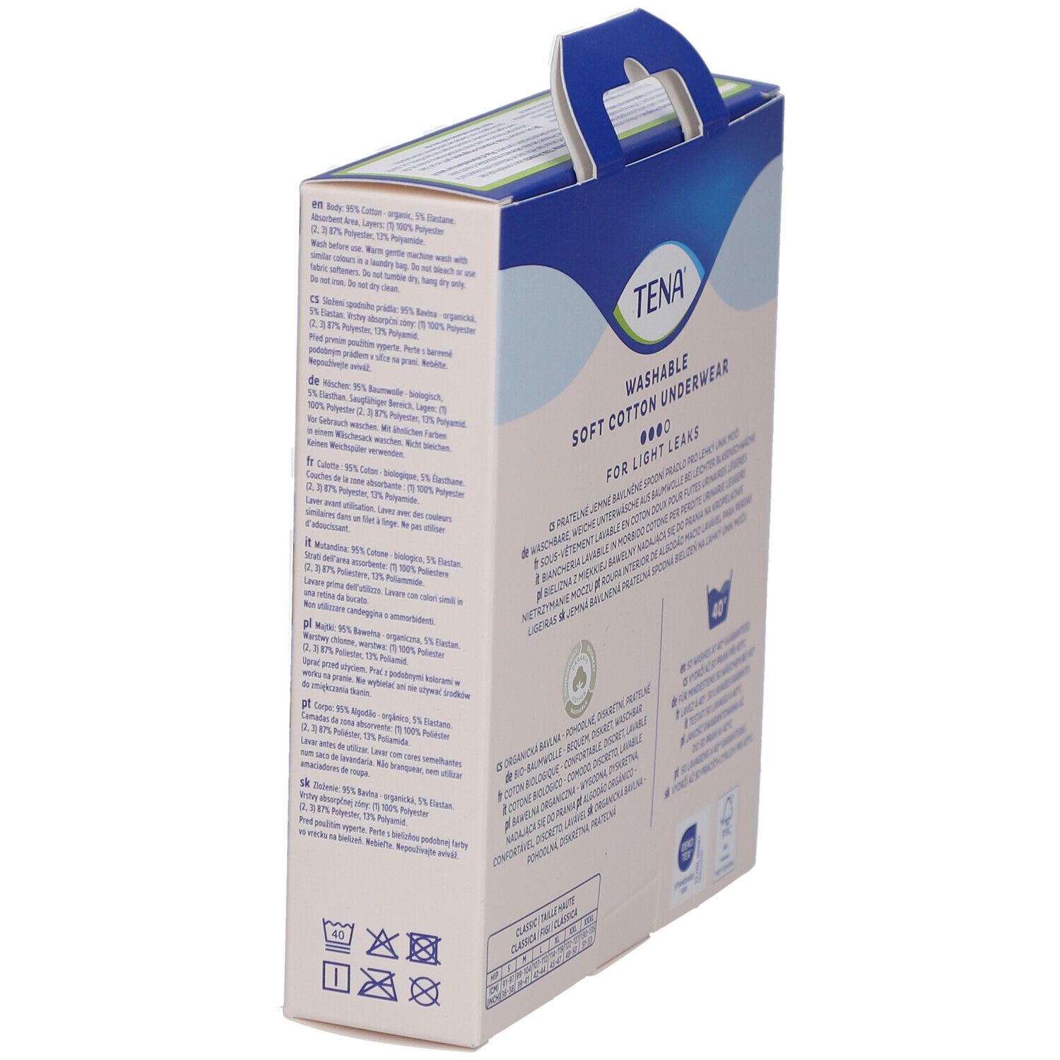 Vue latérale de la boîte de sous-vêtements lavables TENA. Texte : Pour fuites urinaires légères. Composition et symboles de lavage.