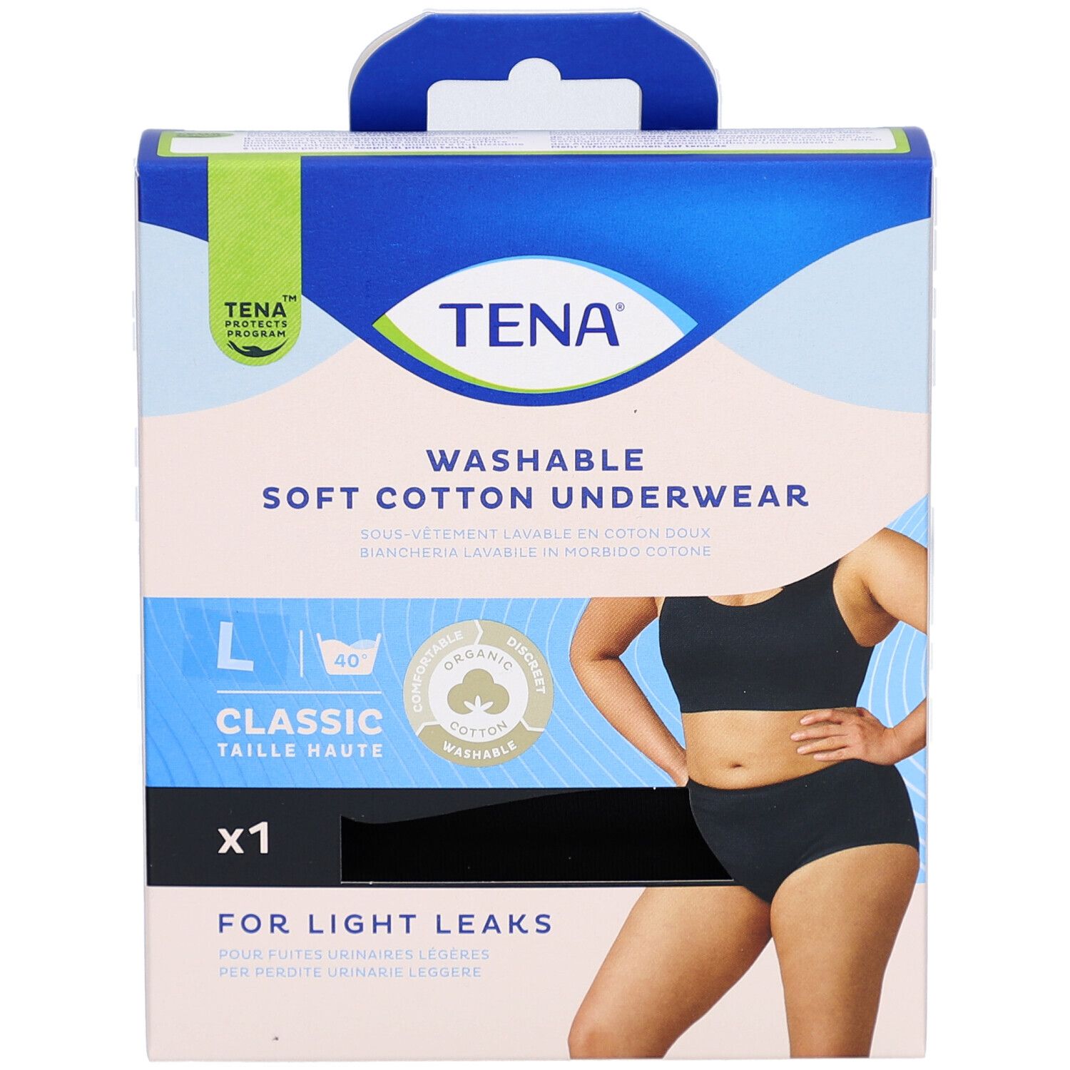 Boîte de sous-vêtements lavables TENA, taille L, noirs. Inscription : Pour fuites urinaires légères. Avec poignée.