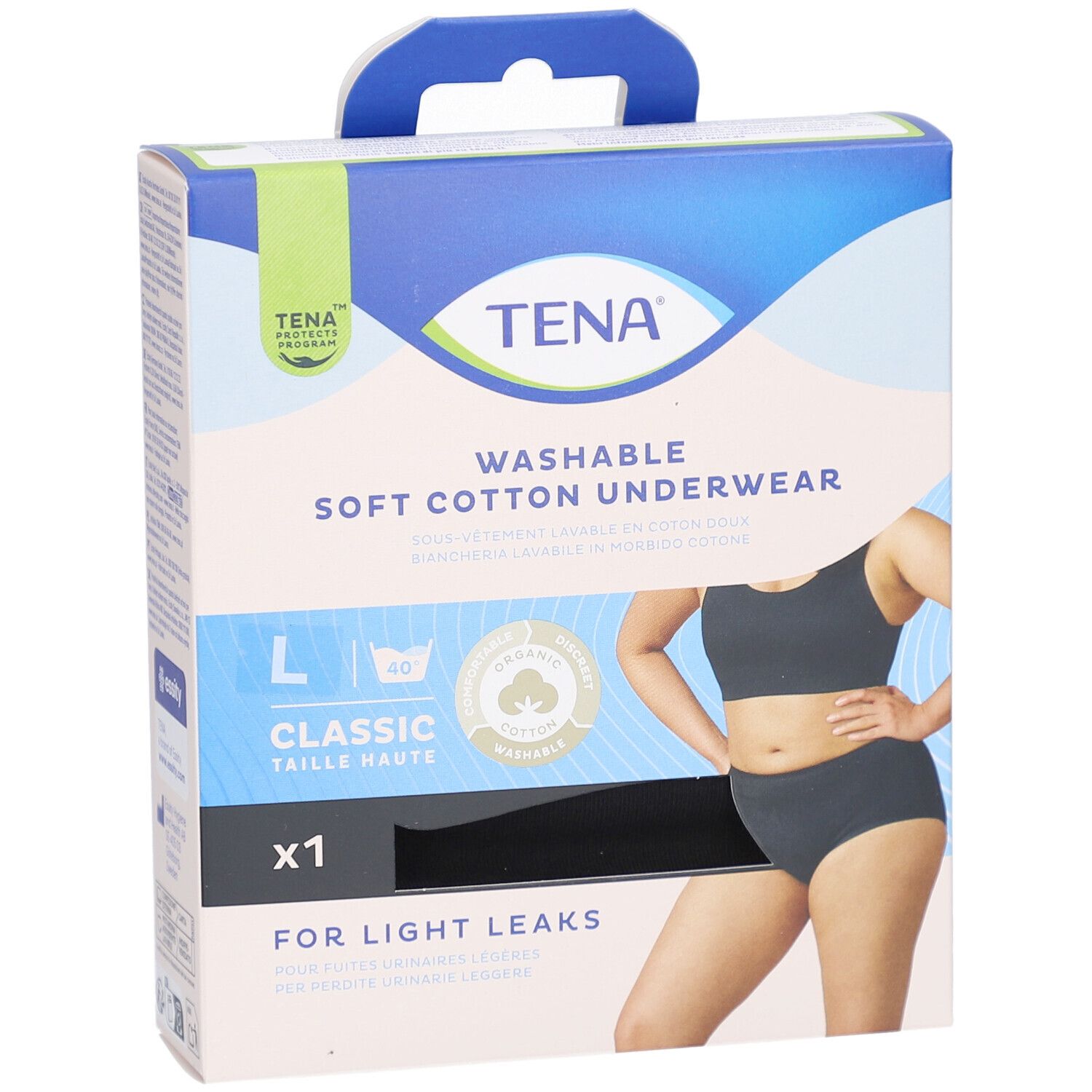 Boîte de sous-vêtements lavables TENA, taille L, noirs. Inscription : Pour fuites urinaires légères. Avec poignée.