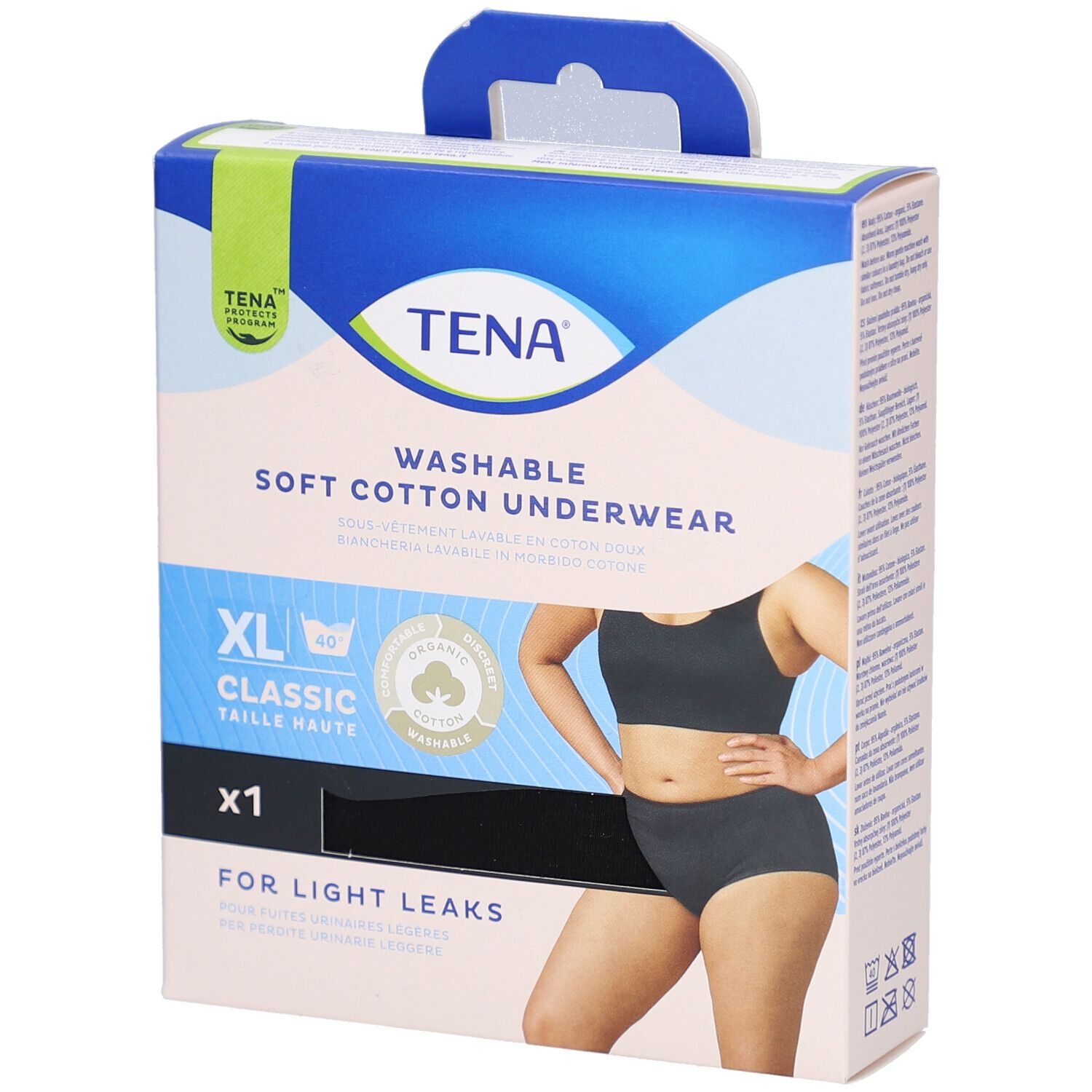 Verpackung mit schwarzer TENA Unterwäsche. XL, Classic, aus weicher Baumwolle, waschbar. Für leichten Urinverlust.