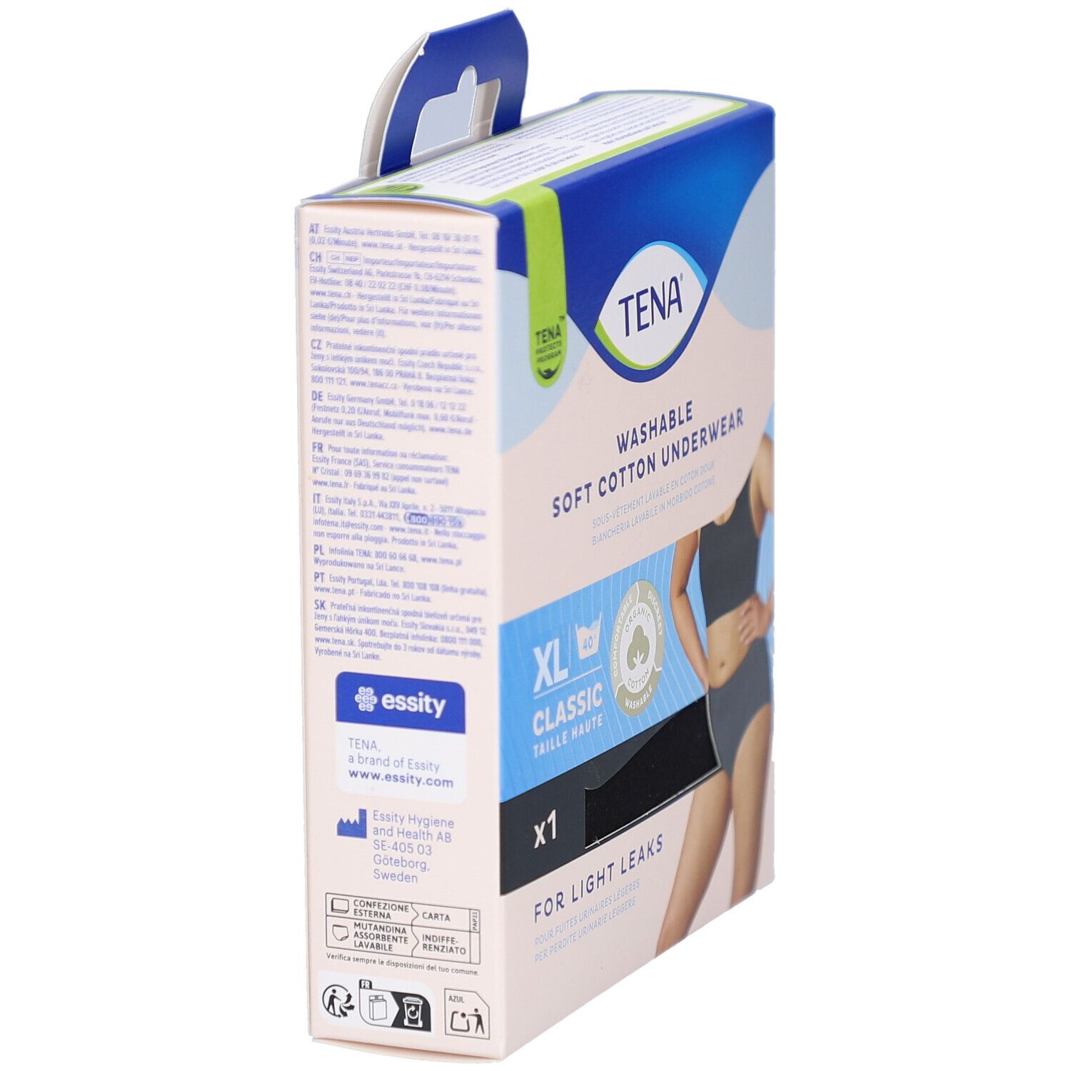 Seitenansicht der TENA-Verpackung. Schwarze Unterwäsche, XL, Classic, aus weicher Baumwolle, waschbar. Für leichten Urinverlust.