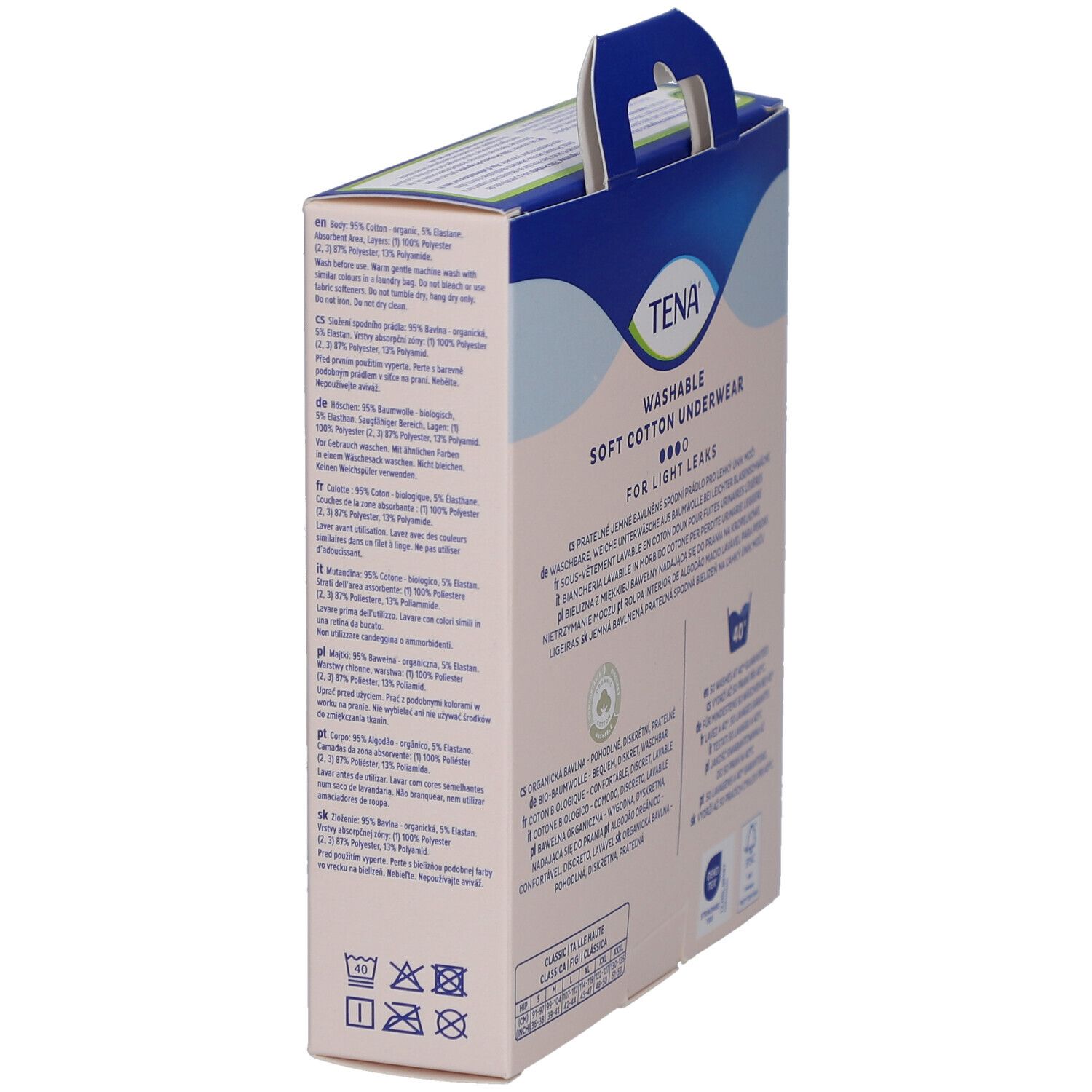 Seitenansicht der TENA-Verpackung. Waschbare Unterwäsche aus weicher Baumwolle. Materialzusammensetzung und Waschsymbole.